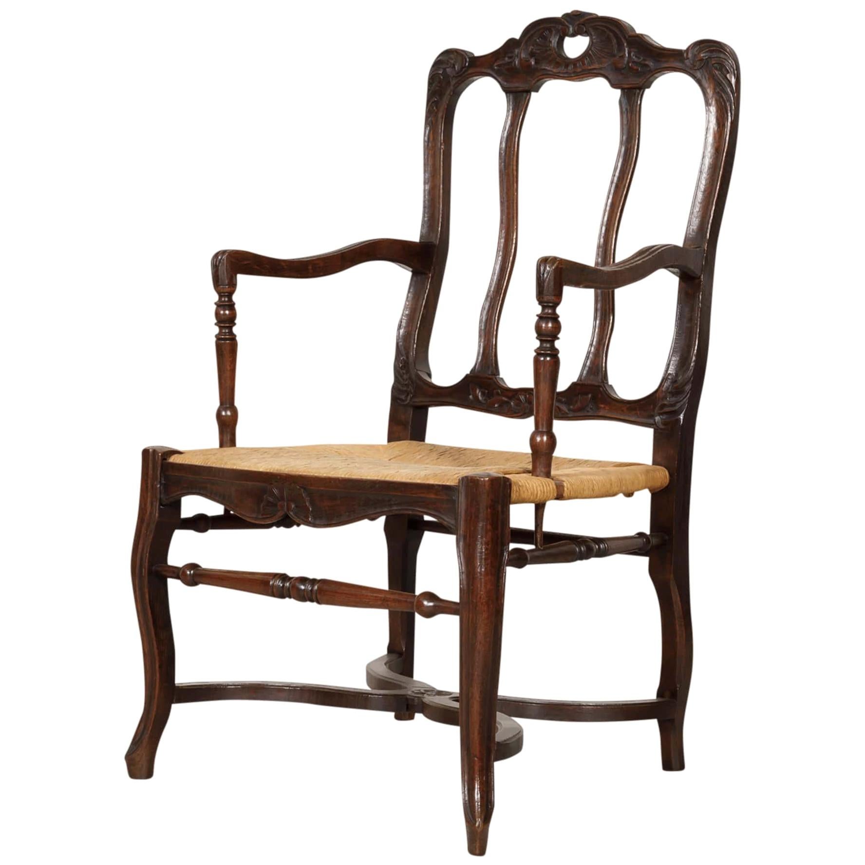 19th Century Country French Hand Carved Oak Rush Seat Armchair