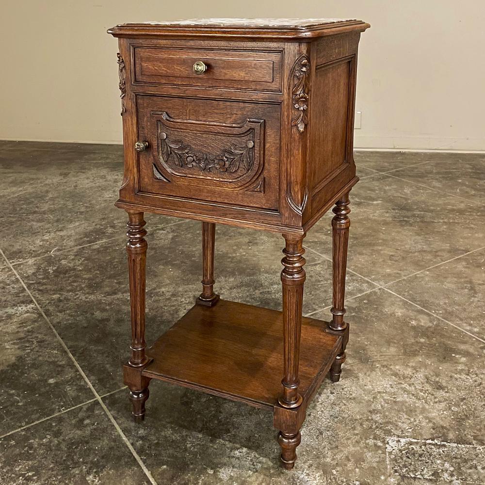 Brass 19th Century Country French Louis XVI Marble Top Nightstand For Sale
