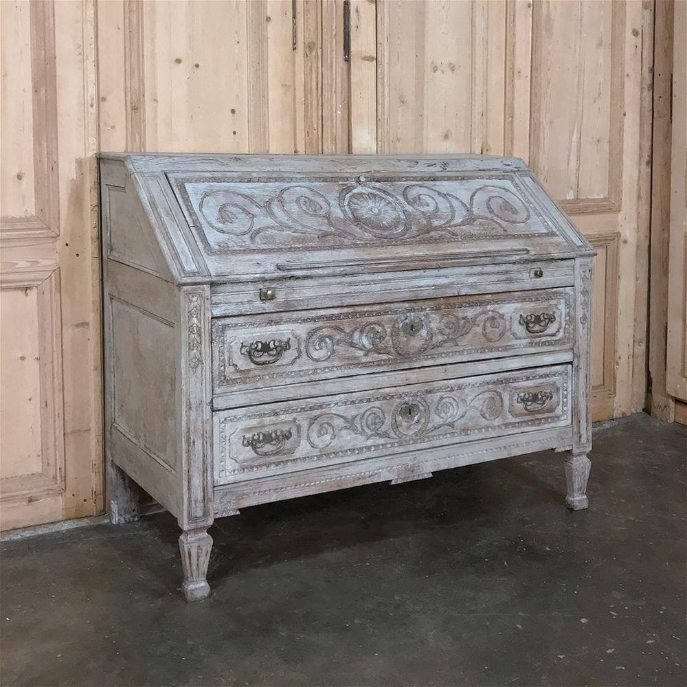 19th century country French Louis XVI painted secretary features the charm of the Provincial style combined with classical motifs and architecture that dates back thousands of years to ancient Greece! This example, fitted with brass pulls and key