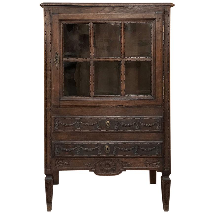 19th Century Country French Louis XVI Hand Carved Oak Vitrine, Chiffonier