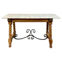 Console Patisserie francese del XIX secolo con piano in marmo, pino sbiancato e ferro