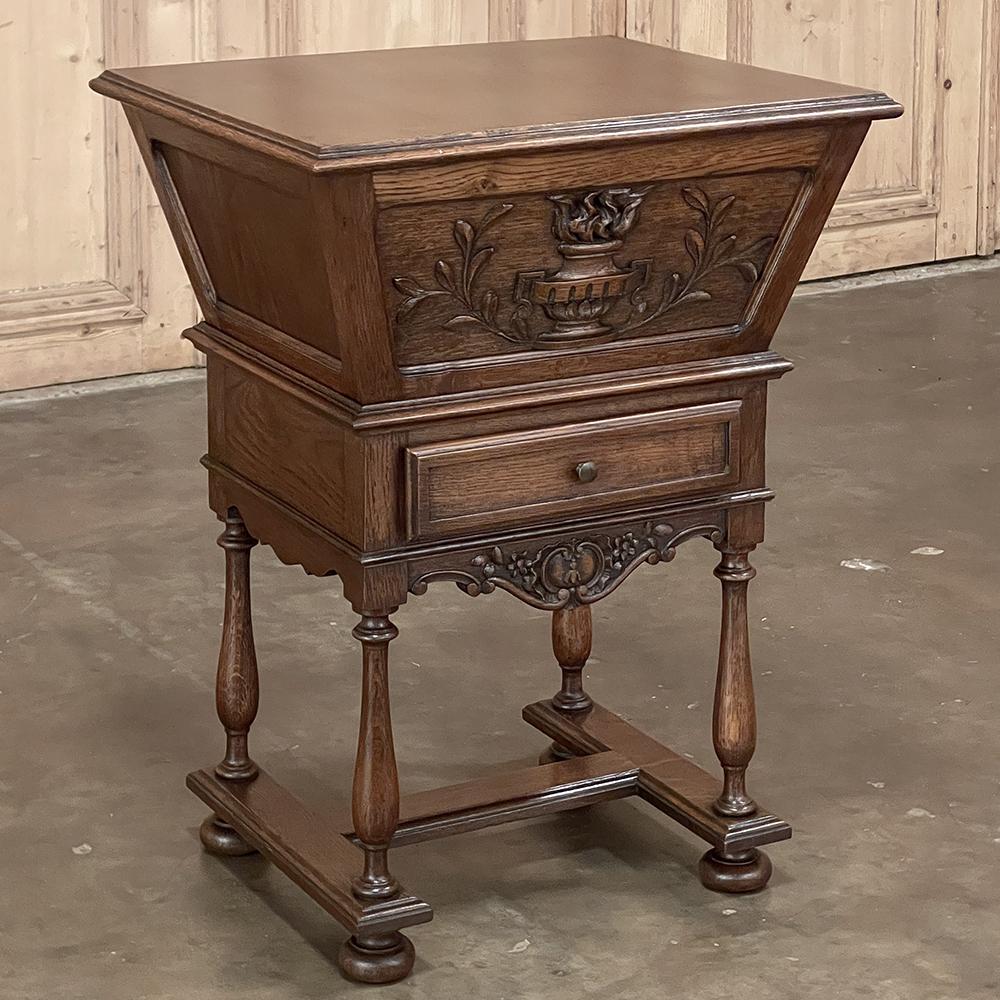 19th Century Country French Mini-Petrin Sewing Cabinet ~ End Table is one of the most charming pieces we've seen in decades! Designed to look like a doughbox, it features the trademark trapezoidal shape of the box on top, mated to a platform that