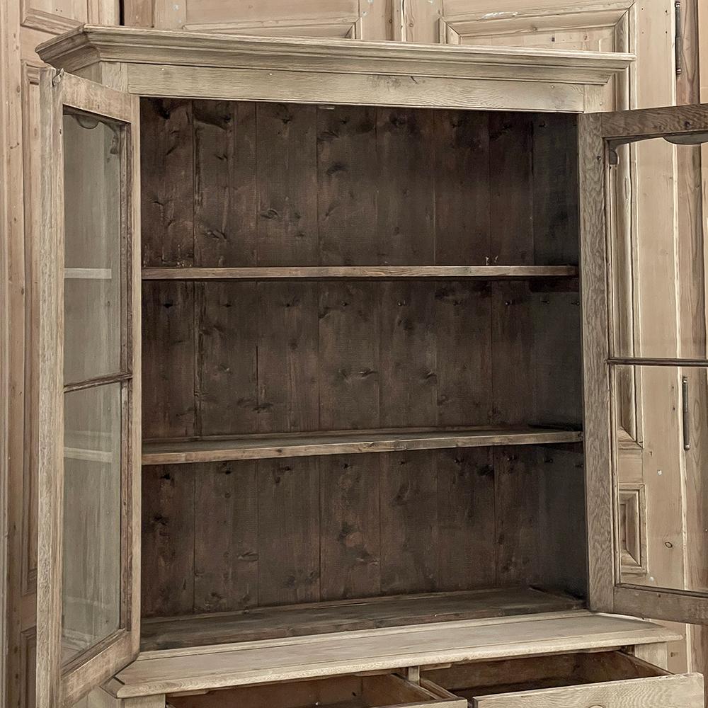 Blown Glass 19th Century Country French Neoclassical Bookcase in Stripped Oak For Sale