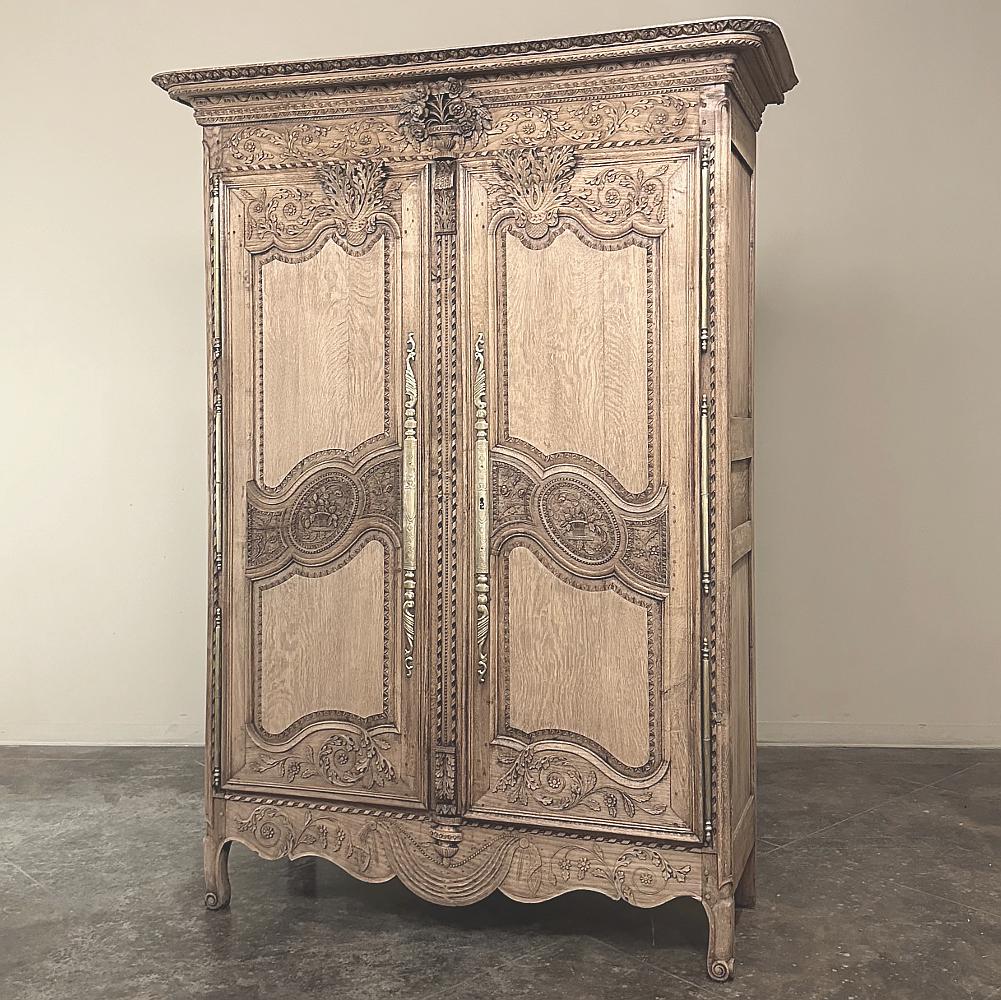 Hand-Carved 19th Century Country French Normandie Armoire in Stripped Oak For Sale