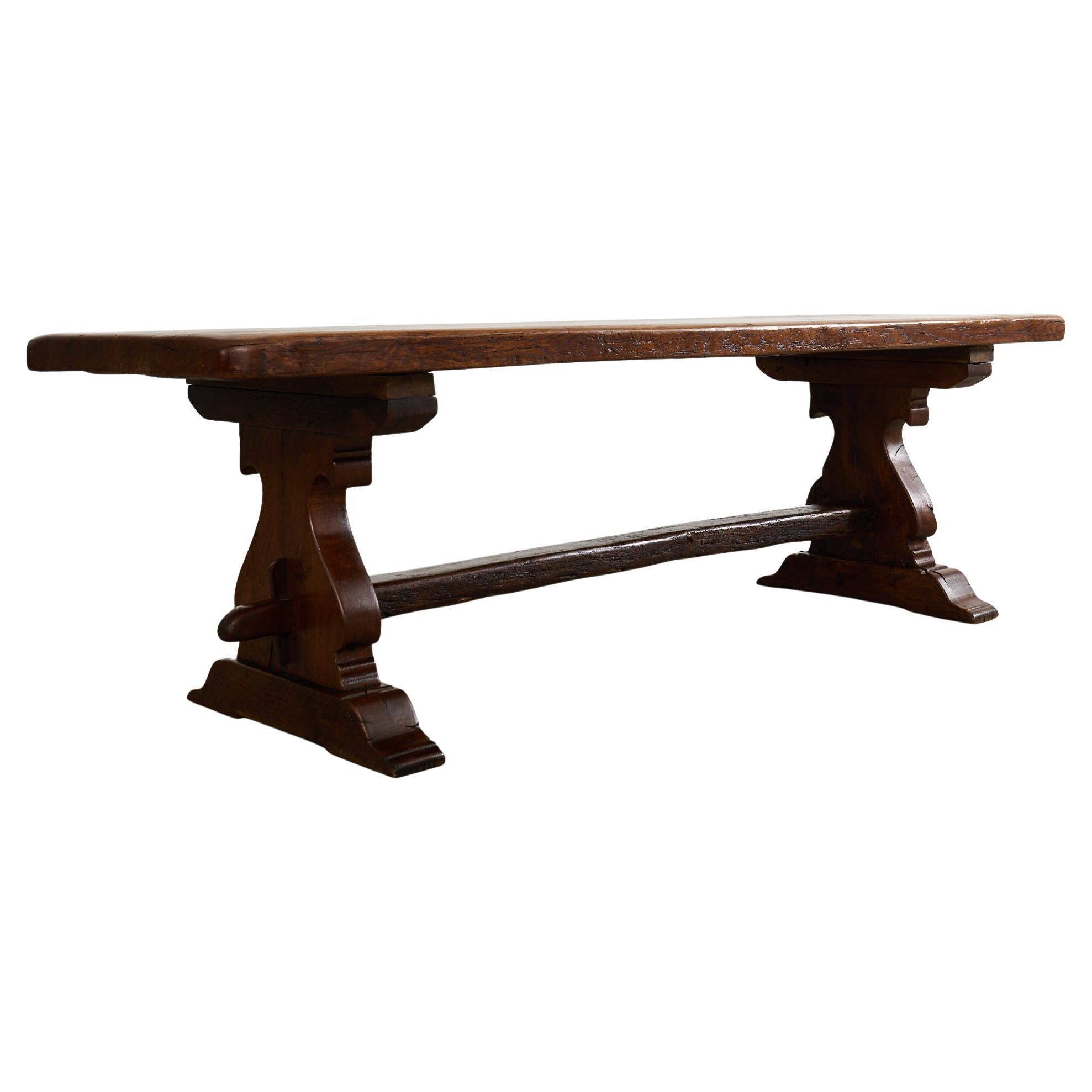 Mesa de comedor de caballete de granja de roble francés del siglo XIX