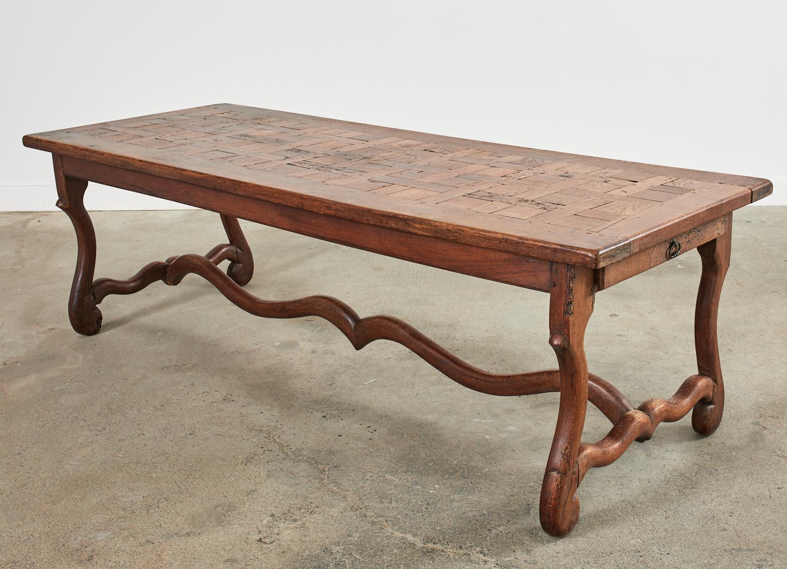 19th Century Country French Parquet Dining Table Os de Mouton Legs 9