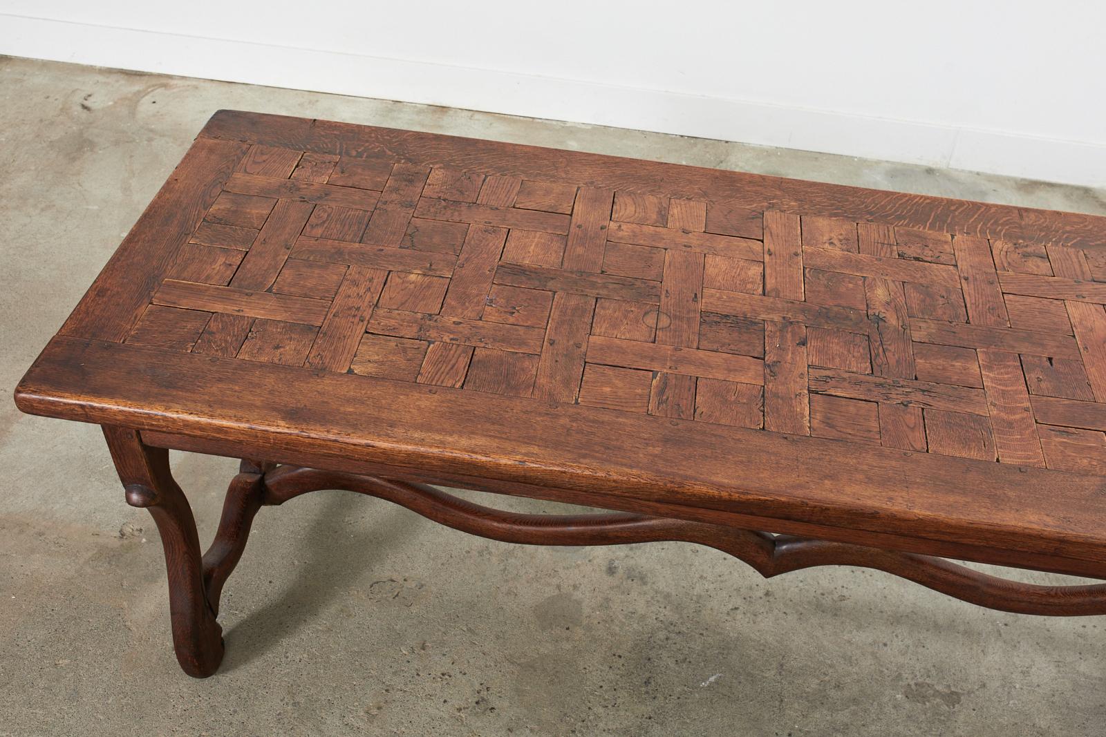 19th Century Country French Parquet Dining Table Os de Mouton Legs In Distressed Condition In Rio Vista, CA