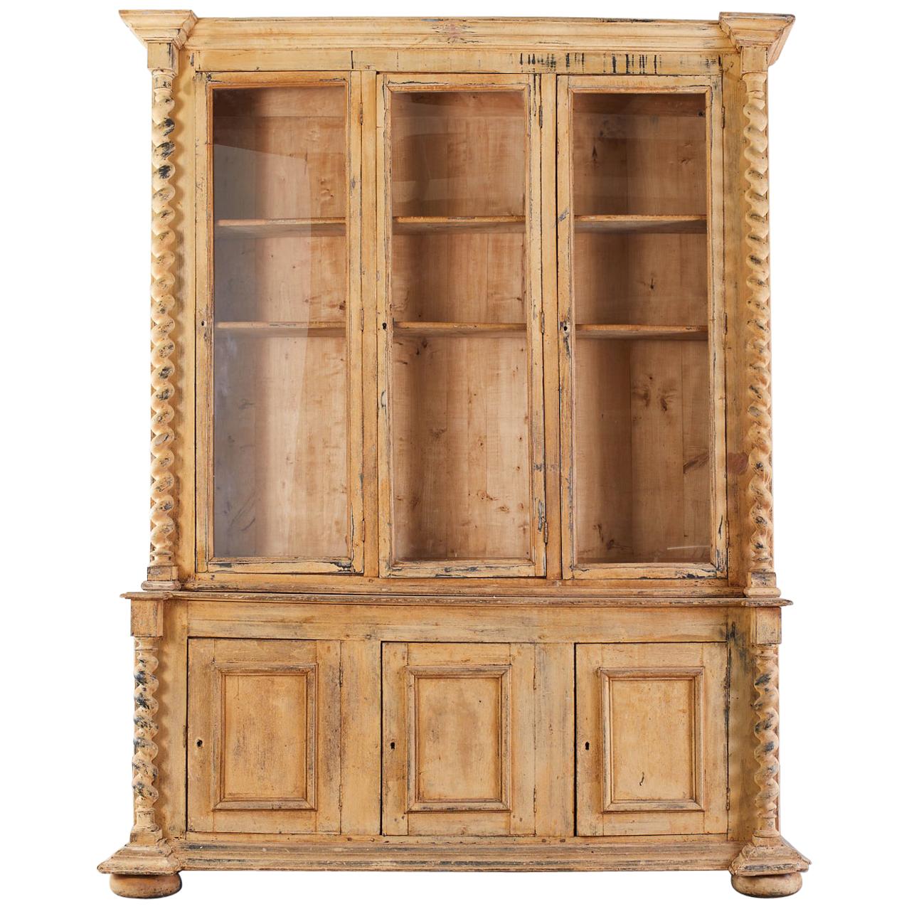 19th Century Country French Rustic Whitewashed Bookcase Cabinet For