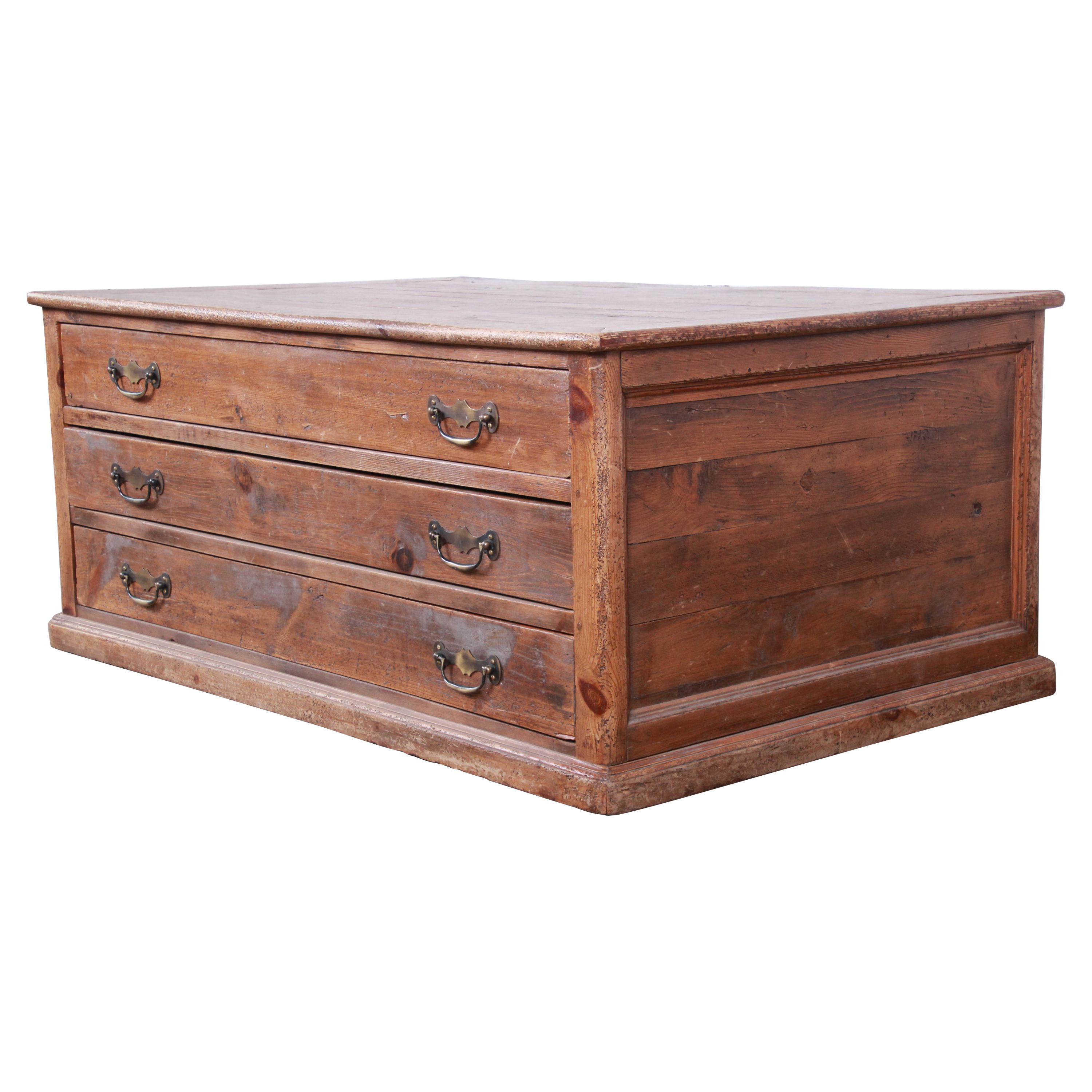 19th Century Country French Pine Double-Sided Map File Cabinet or Coffee Table