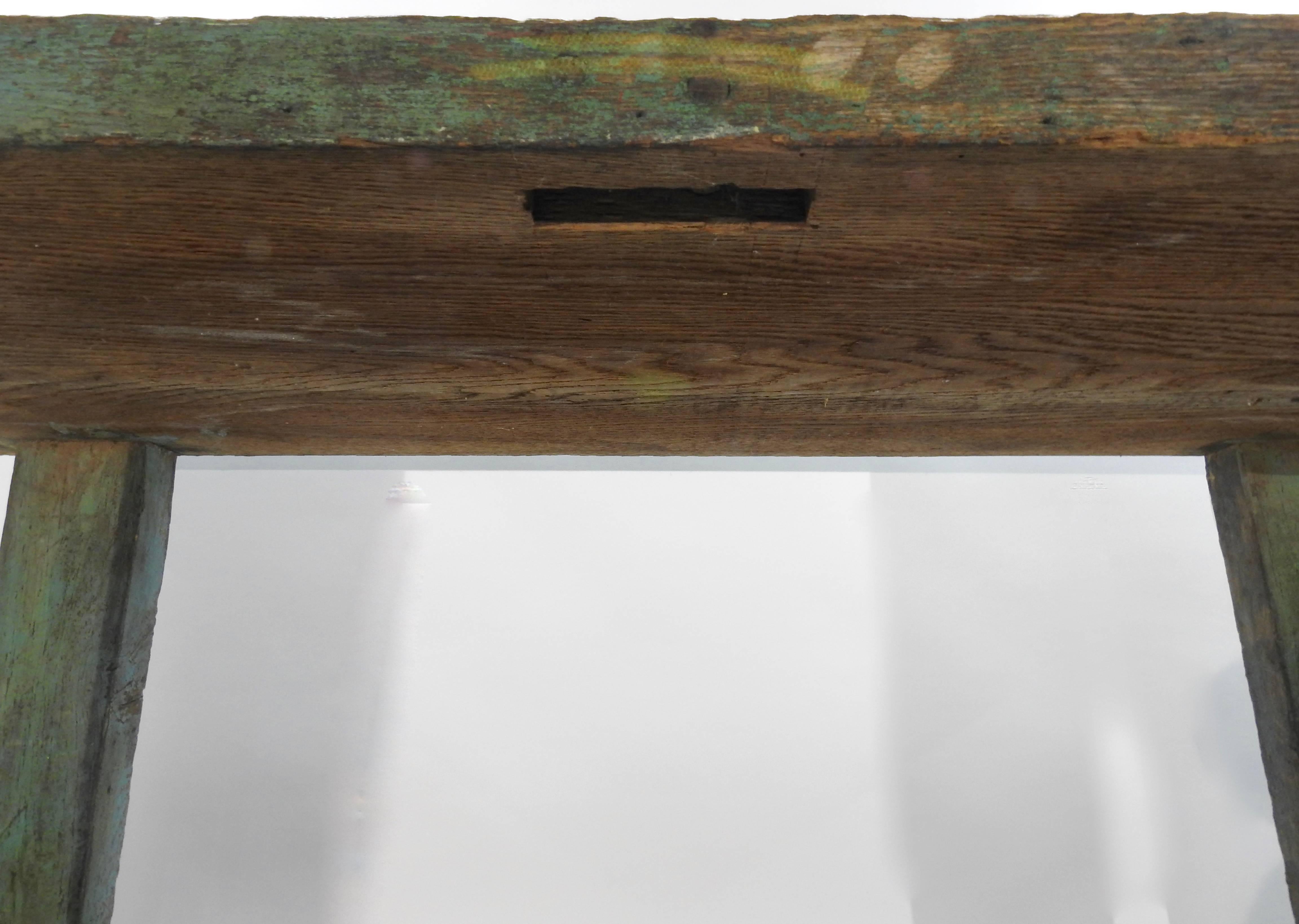 19th Century Country French Primitive Turquoise Wooden Bench 3