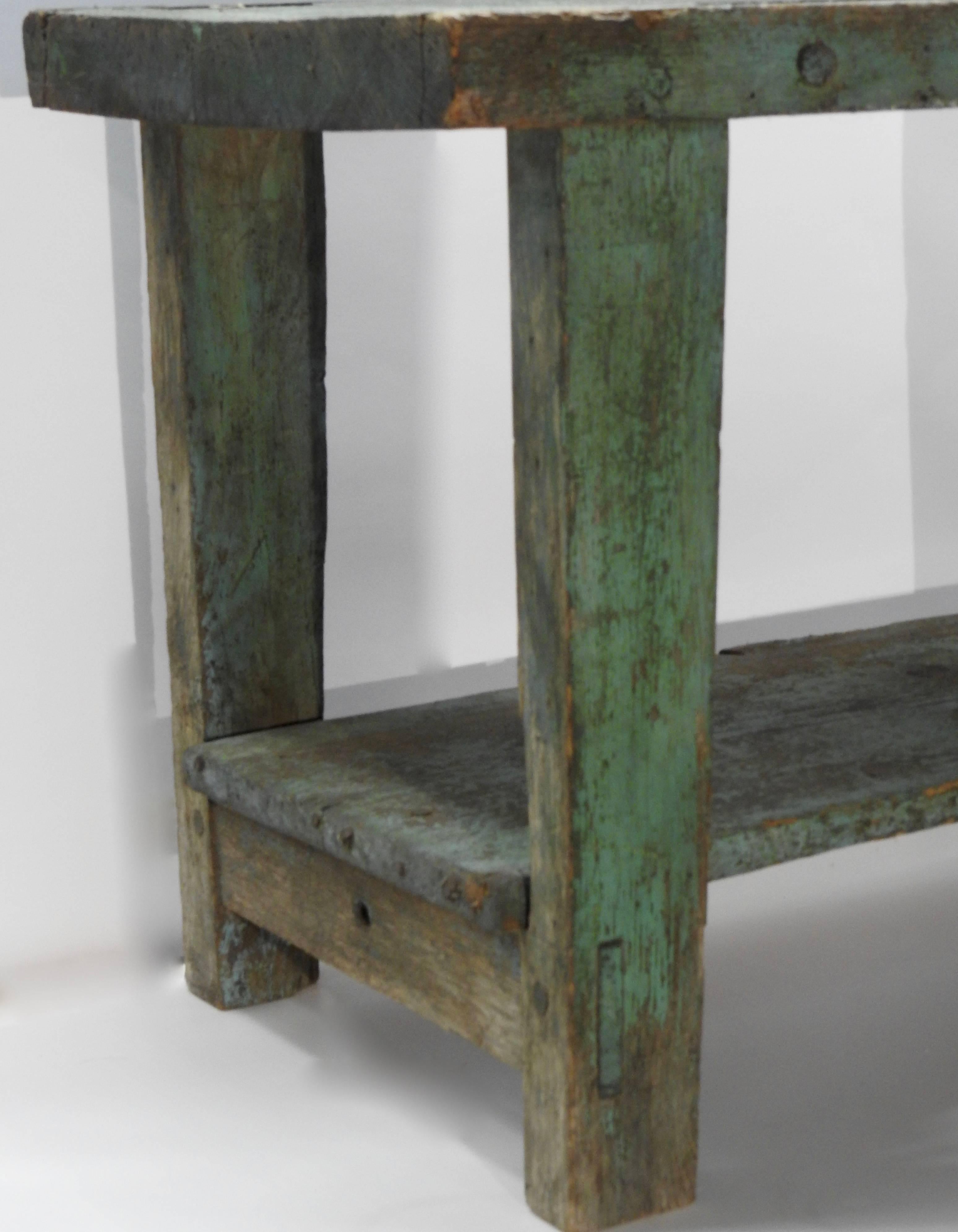 19th Century Country French Primitive Turquoise Wooden Bench 4