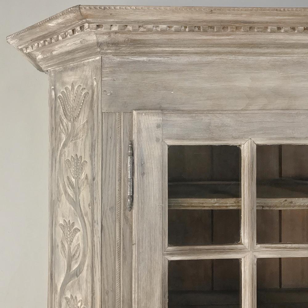 Hand-Carved 19th Century Country French Rustic Whitewashed Bookcase, Cabinet