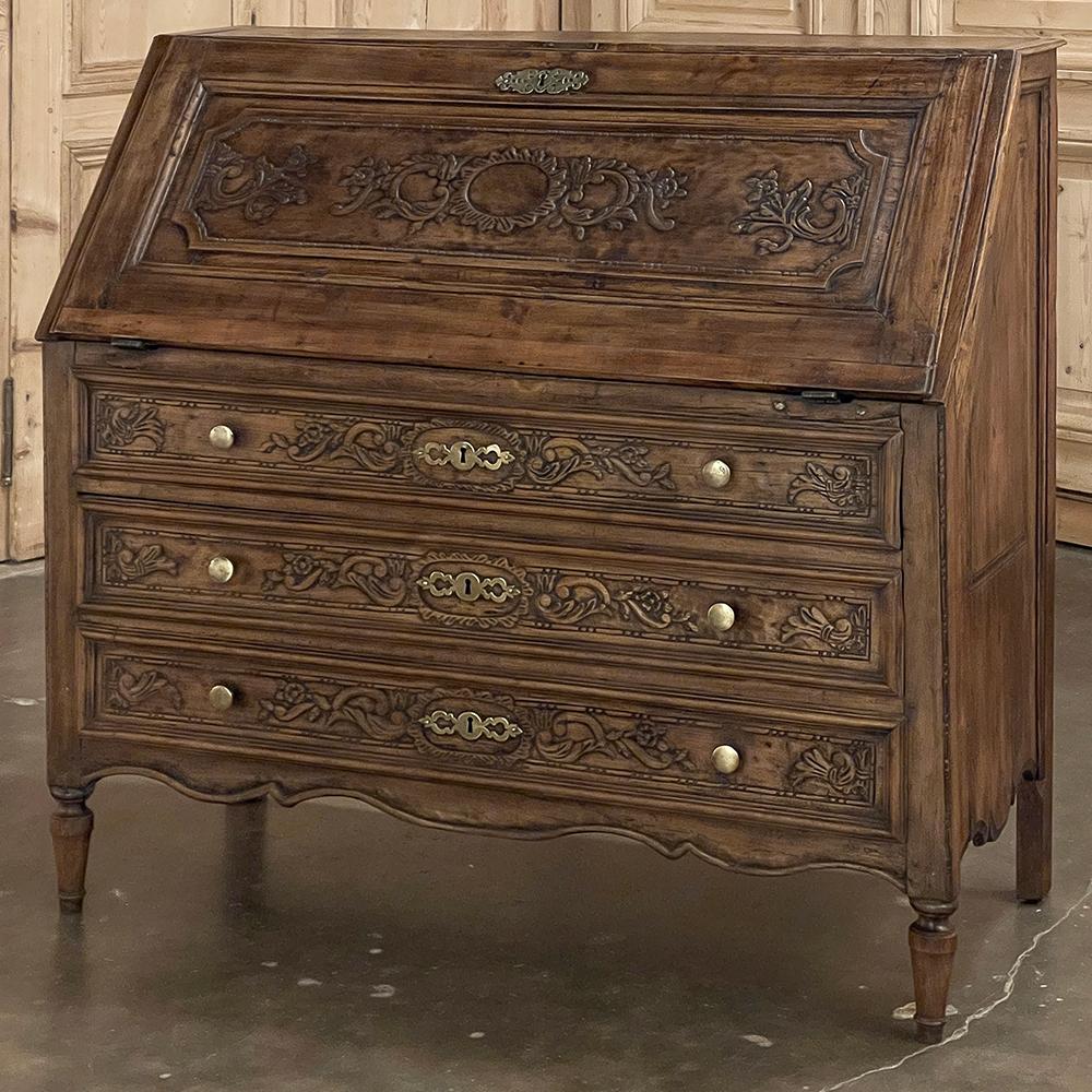 19th Century Country French Secretary ~ Desk combines fine craftsmanship with an efficient, space-saving design.  Providing a work surface that folds out of the traffic pattern, plus in this case three spacious full width drawers, it performs