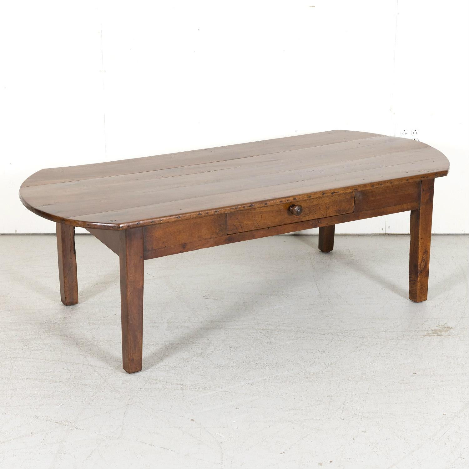 19th Century Country French Solid Cherry Oval Coffee Table with Drawer In Good Condition In Birmingham, AL