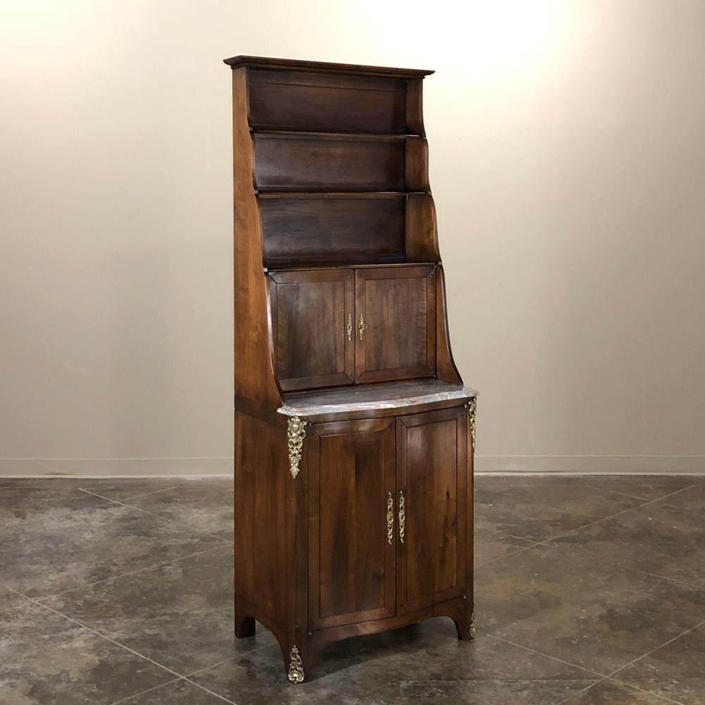 19th Century Country French Walnut Cabinet is an intriguing design, ideal for high traffic areas or cozy spots, while still providing a wealth of Country French charm and functionality!  Shelves on top lead down to upper cabinets above the marble