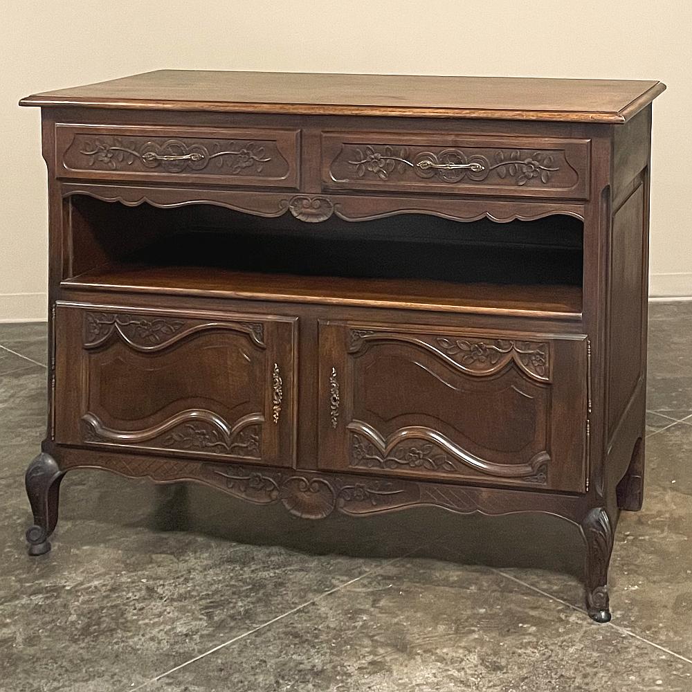 19th Century Country French Walnut Dessert Buffet provides three functions in one!  A full width, generous serving surface rests atop a pair of spacious drawers with brass pulls.  Below the drawers is a full width display shelf which provides a