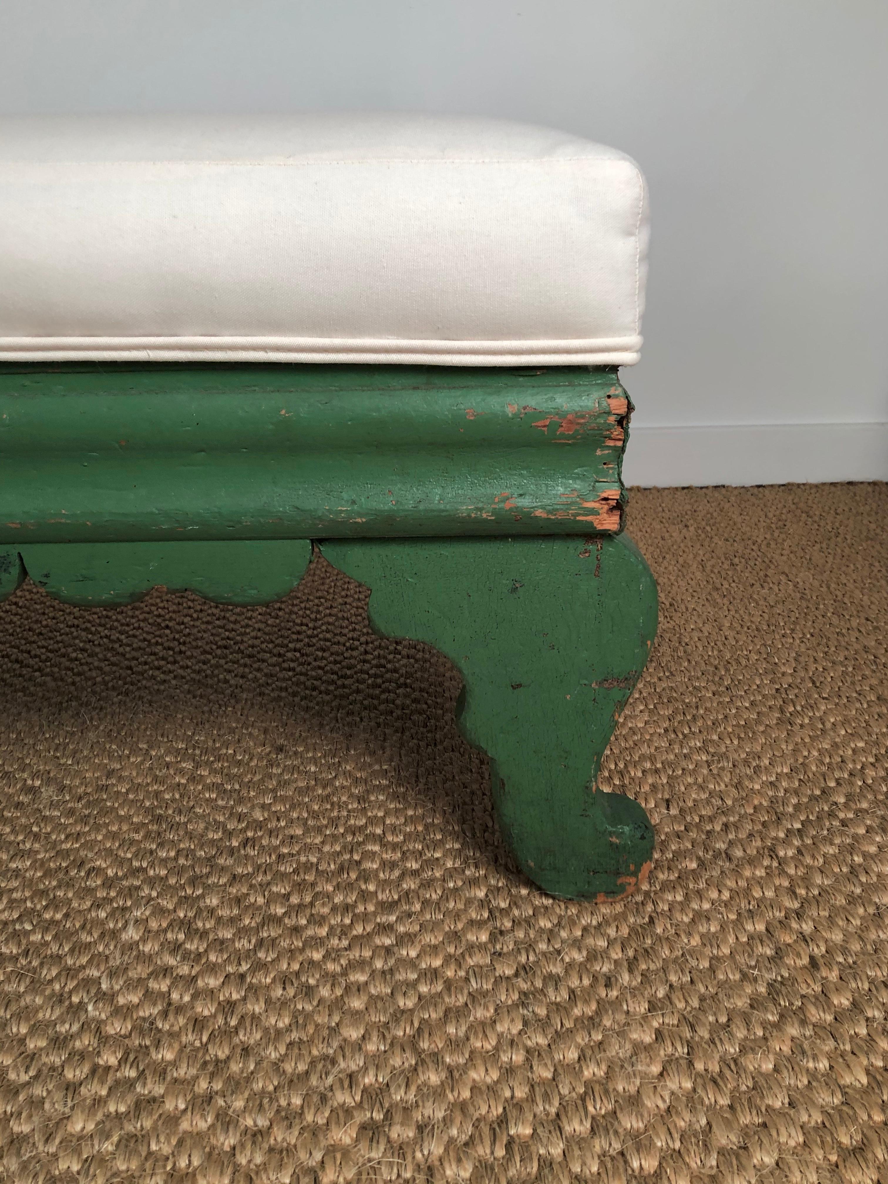 19th Century Country Green Painted Carved Wood Chaise Lounge In Good Condition In Essex, MA