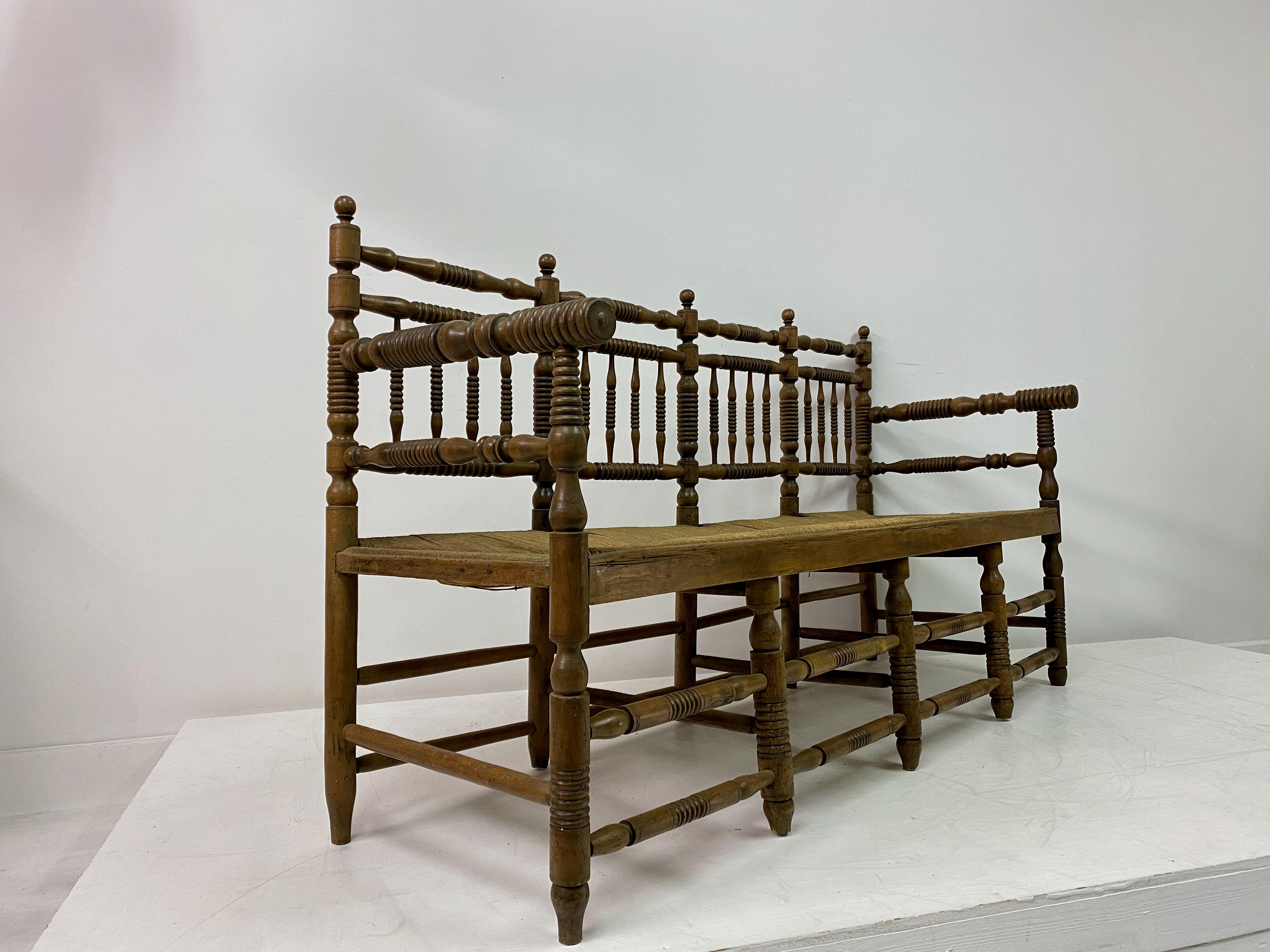 19th Century Country House Bench with Bobbin Frame and Rush Seat 6