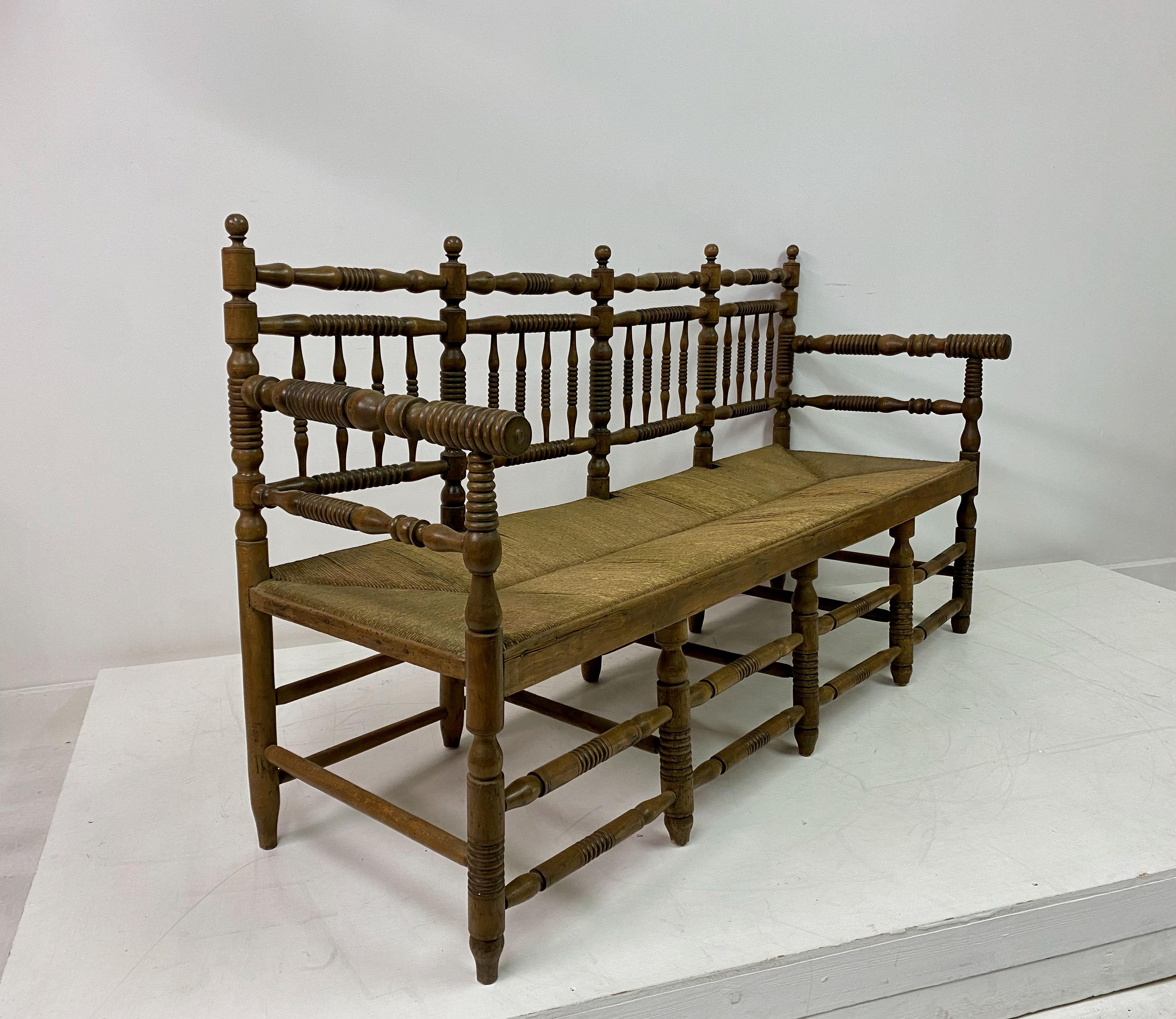 19th Century Country House Bench with Bobbin Frame and Rush Seat 7