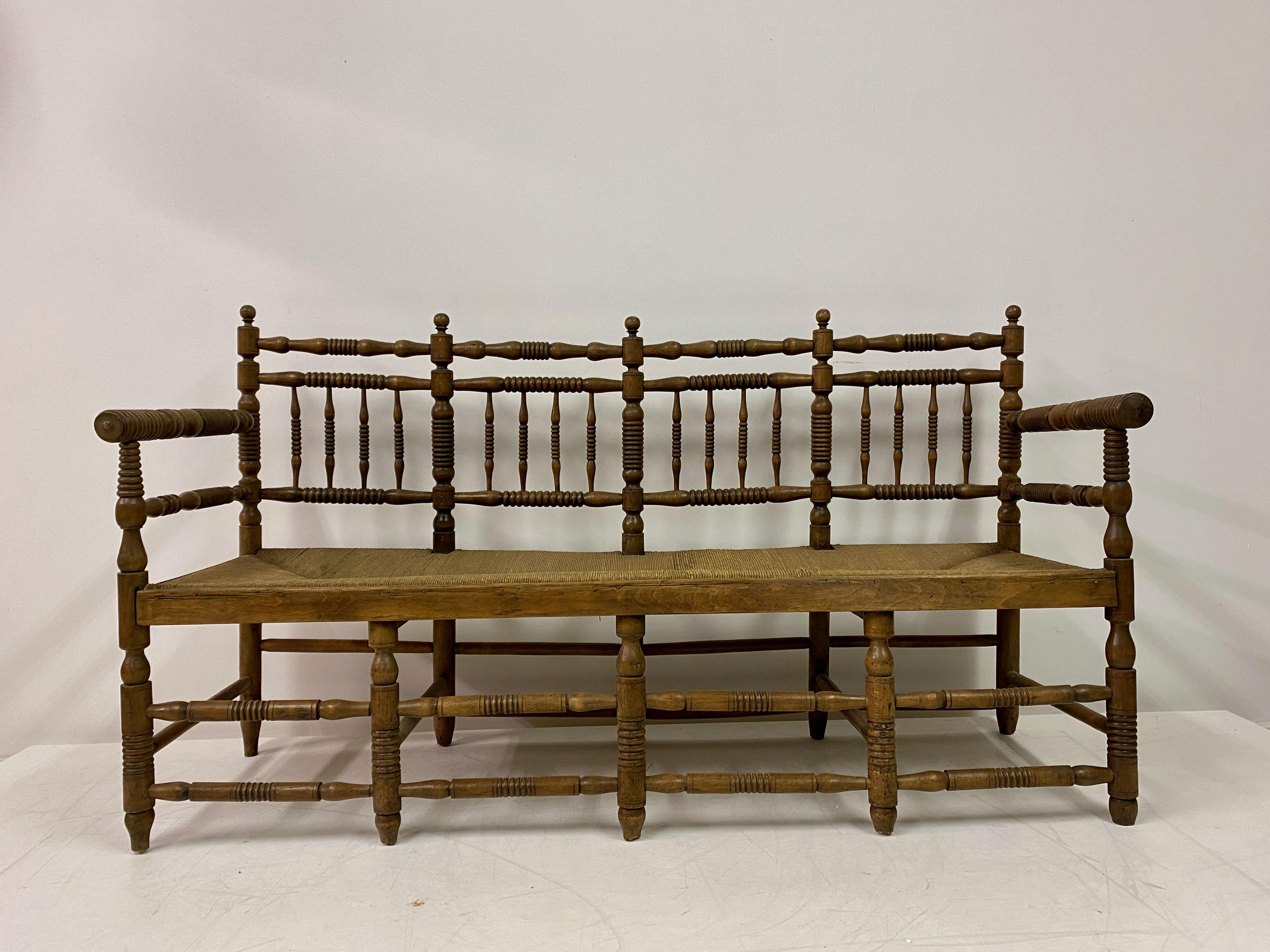 British 19th Century Country House Bench with Bobbin Frame and Rush Seat