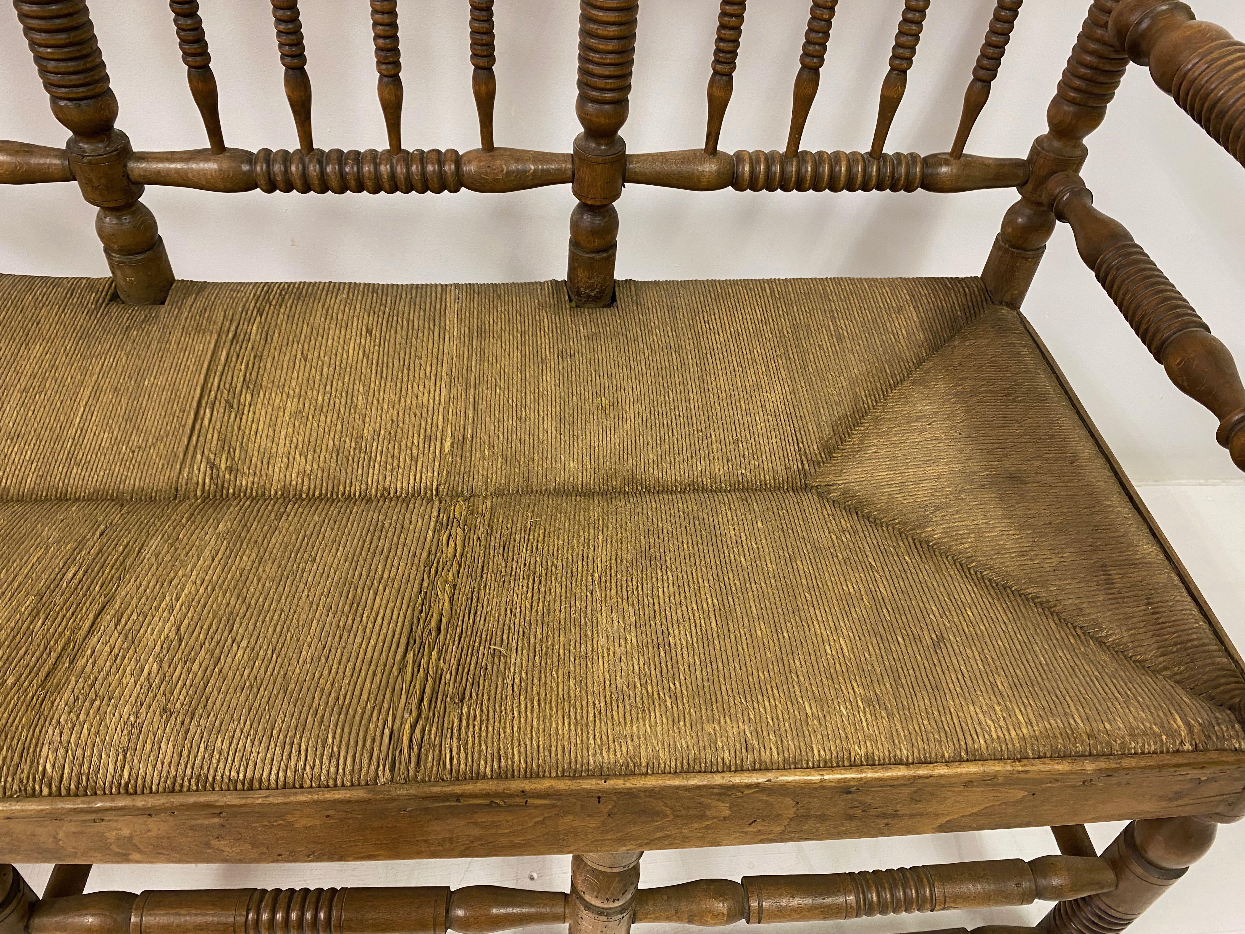 19th Century Country House Bench with Bobbin Frame and Rush Seat In Good Condition In London, London