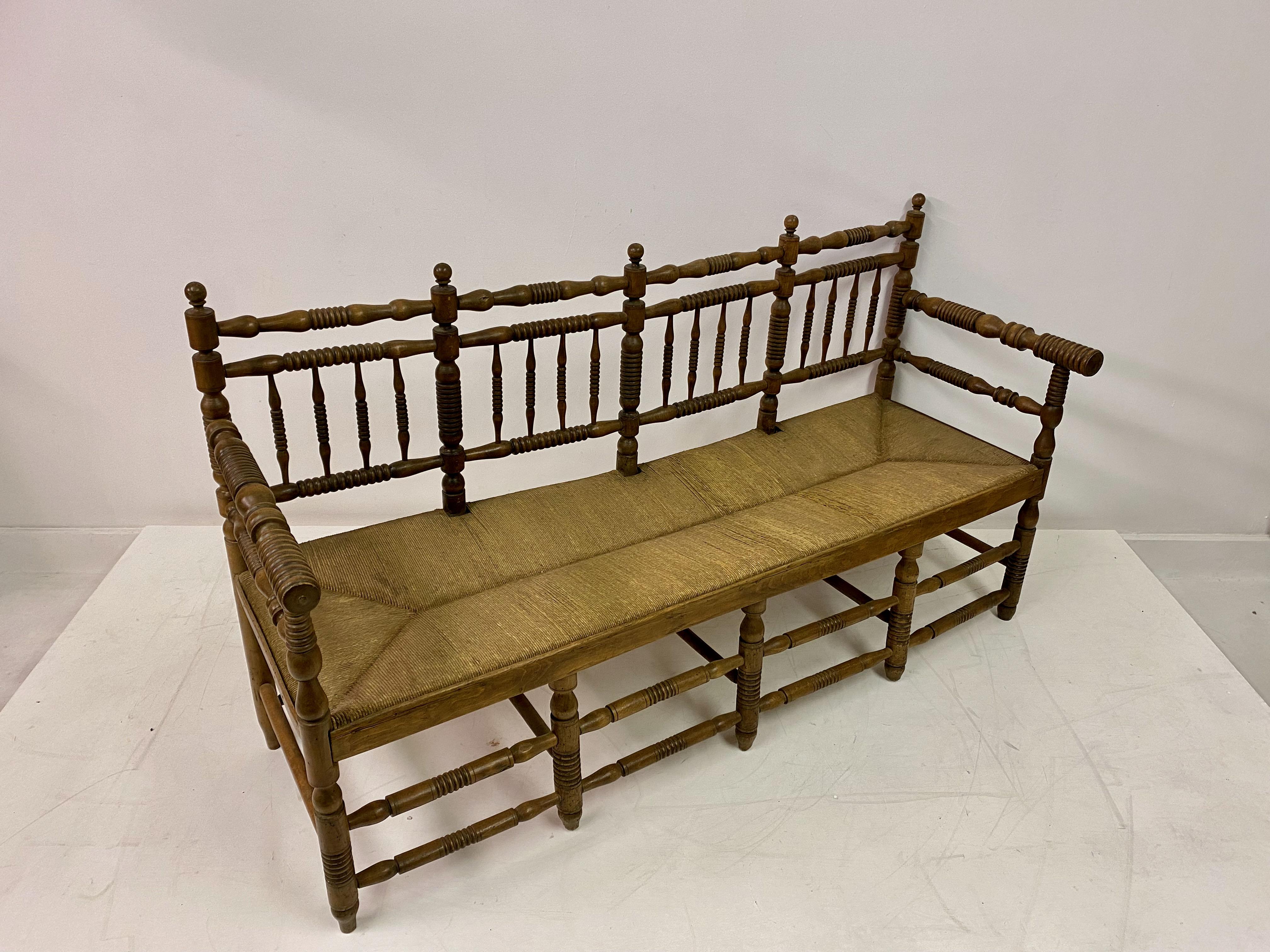 19th Century Country House Bench with Bobbin Frame and Rush Seat 1