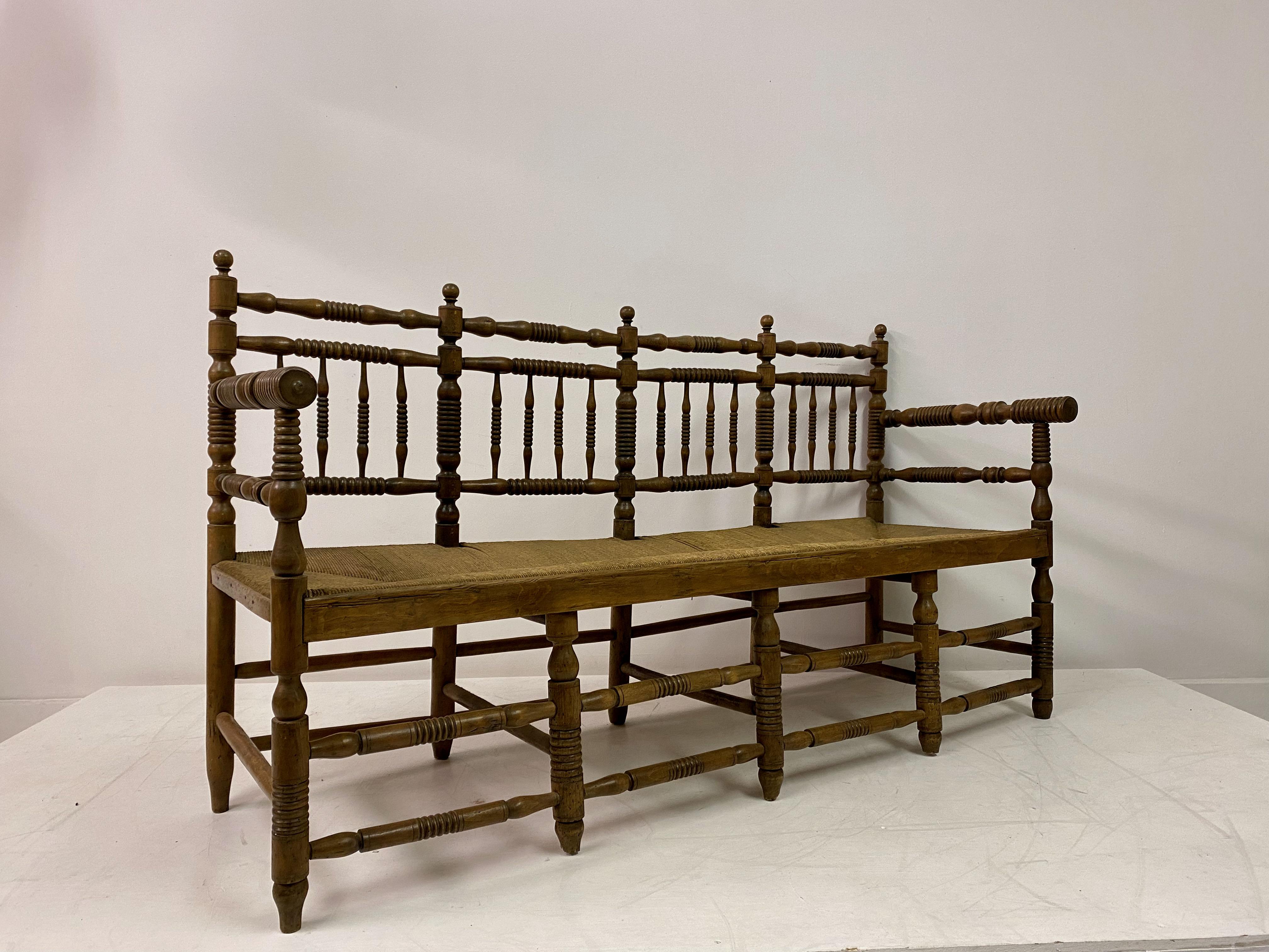 19th Century Country House Bench with Bobbin Frame and Rush Seat 2