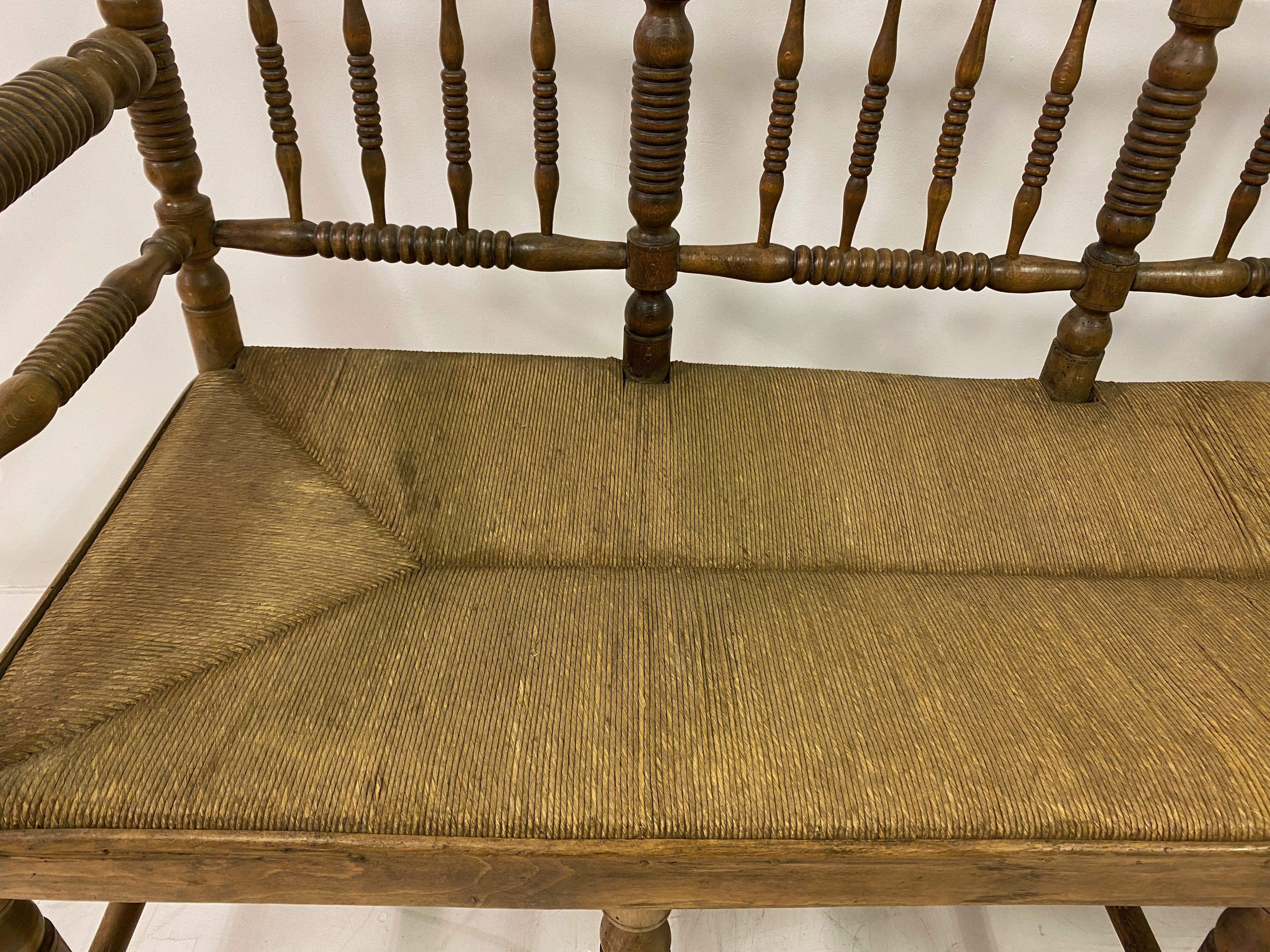 19th Century Country House Bench with Bobbin Frame and Rush Seat 5