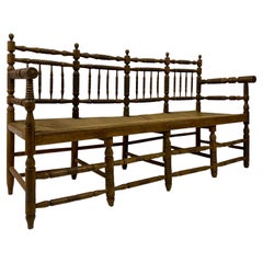 19th Century Country House Bench with Bobbin Frame and Rush Seat