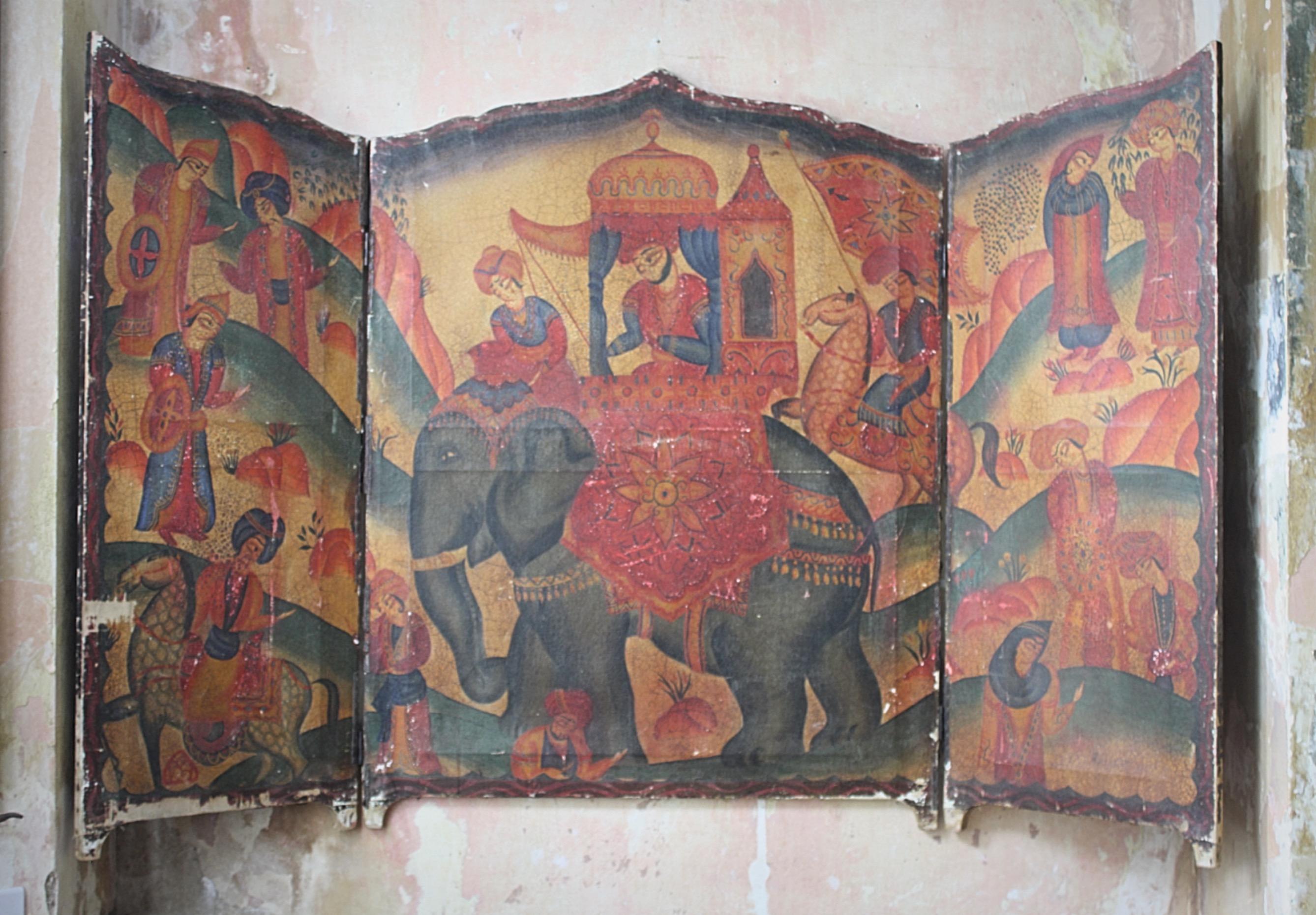 Hand-Painted 19th Century Country House Indian Painted Elephant Screen Wall Hanging