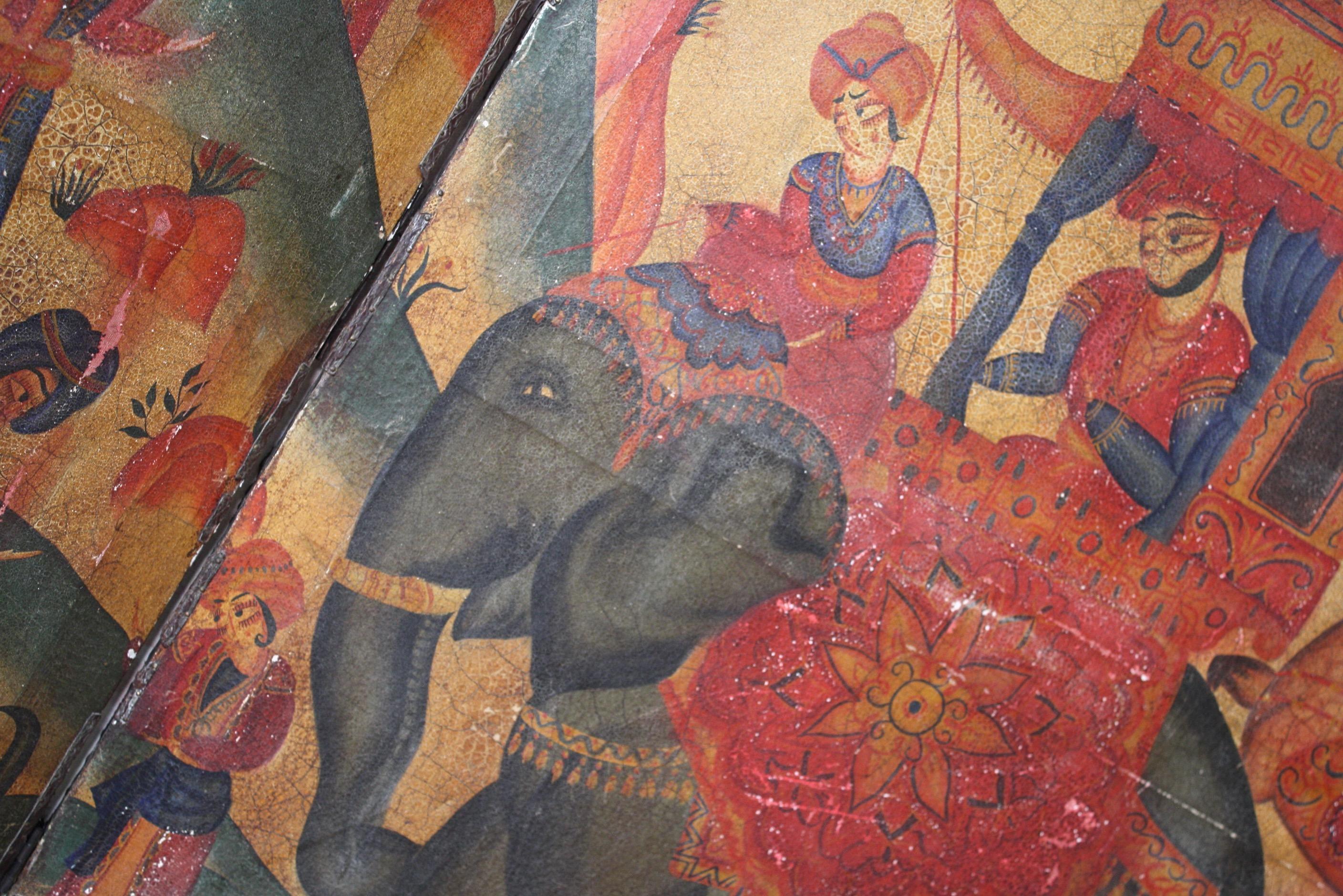 19th Century Country House Indian Painted Elephant Screen Wall Hanging In Good Condition In Lowestoft, GB