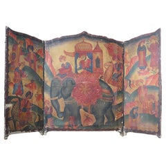 Suspension murale en forme de paravent à l'éléphant peinte par les Indiens au 19e siècle 