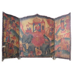 19th Century Country House Indian Painted Elephant Screen Wall Hanging