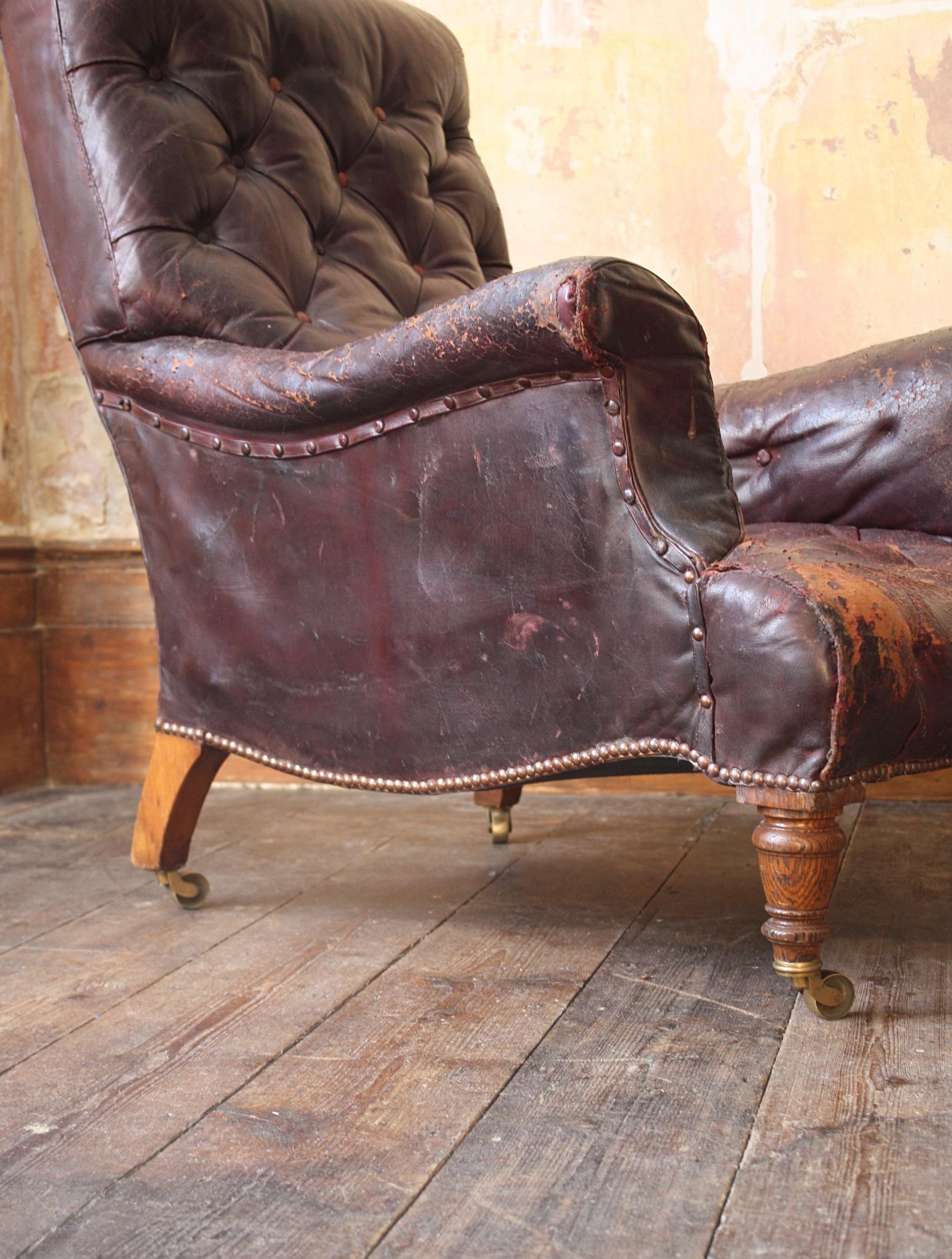 19th Century Country House Pair of Victorian Oak & Maroon Leather Armchairs 4