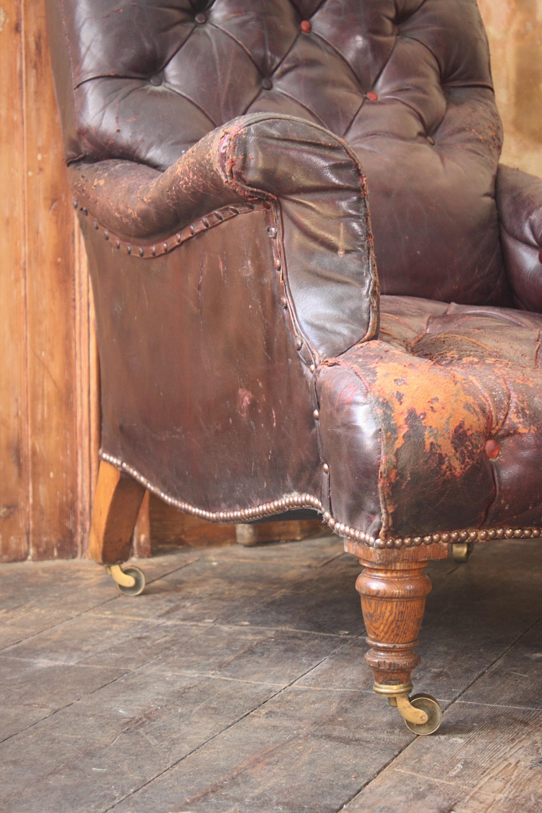 Late Victorian 19th Century Country House Pair of Victorian Oak & Maroon Leather Armchairs