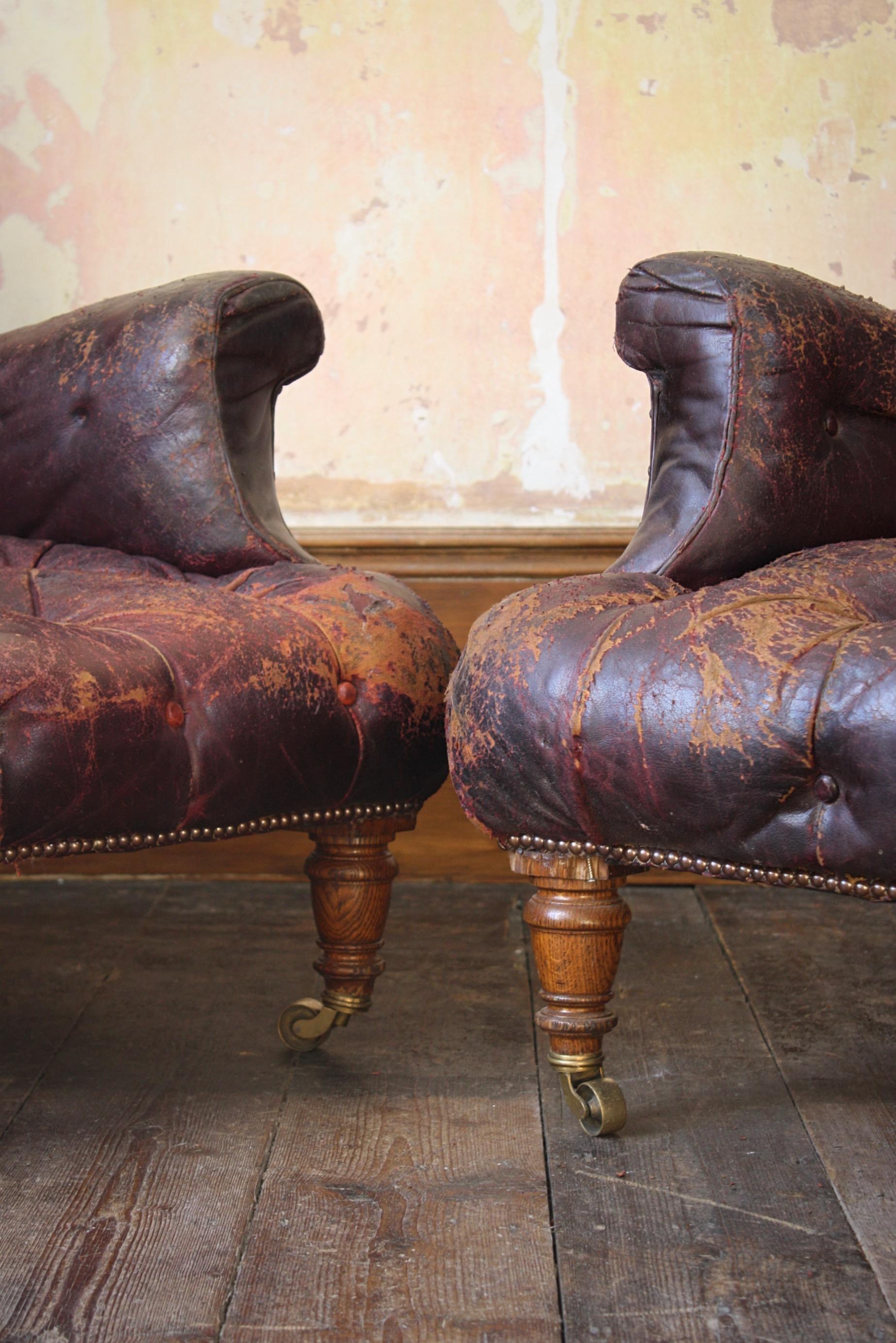 English 19th Century Country House Pair of Victorian Oak & Maroon Leather Armchairs