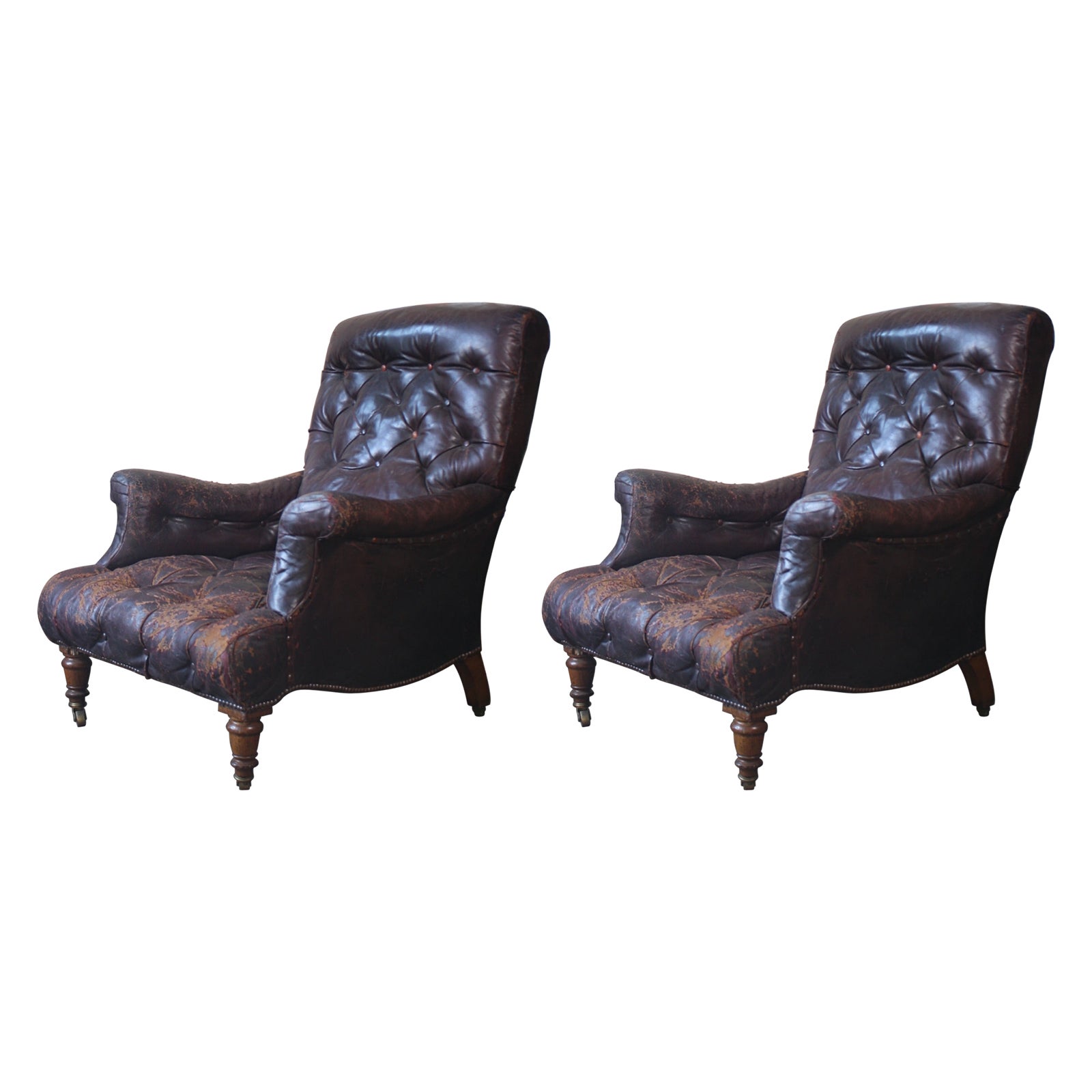 19th Century Country House Pair of Victorian Oak 
Maroon Leather Armchairs