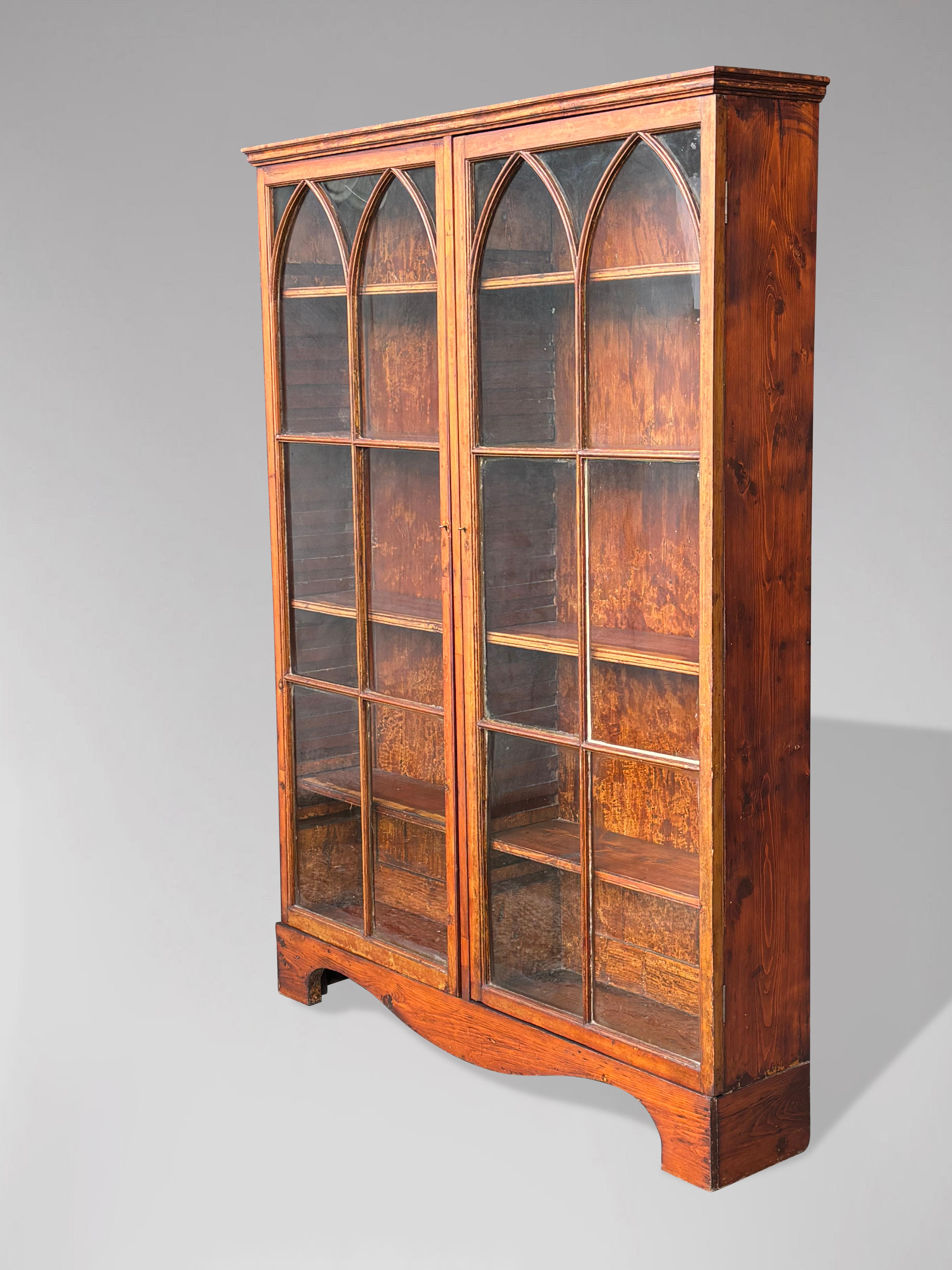 A late 19th century Gothic revival country house stained pine two door glazed bookcase or display cabinet. Moulded cornice above a pair of large stunning astragal glazed doors which enclose plenty of adjustable shelving. All standing on bracket
