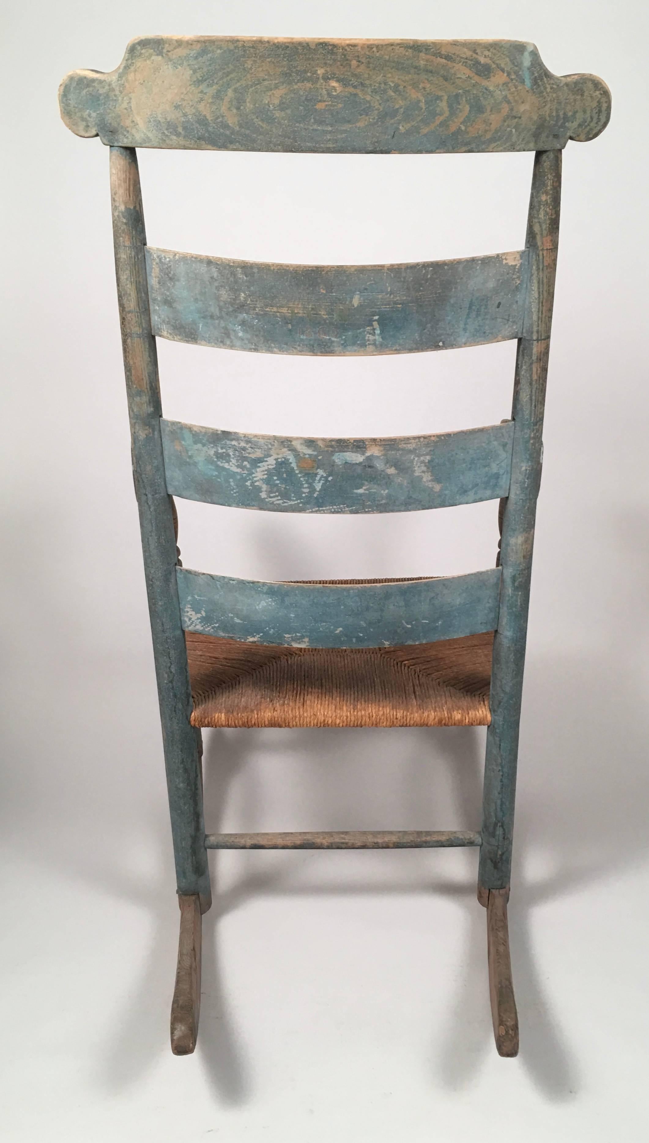 19th Century Country Rocking Chair with Old Blue Painted Surface 4