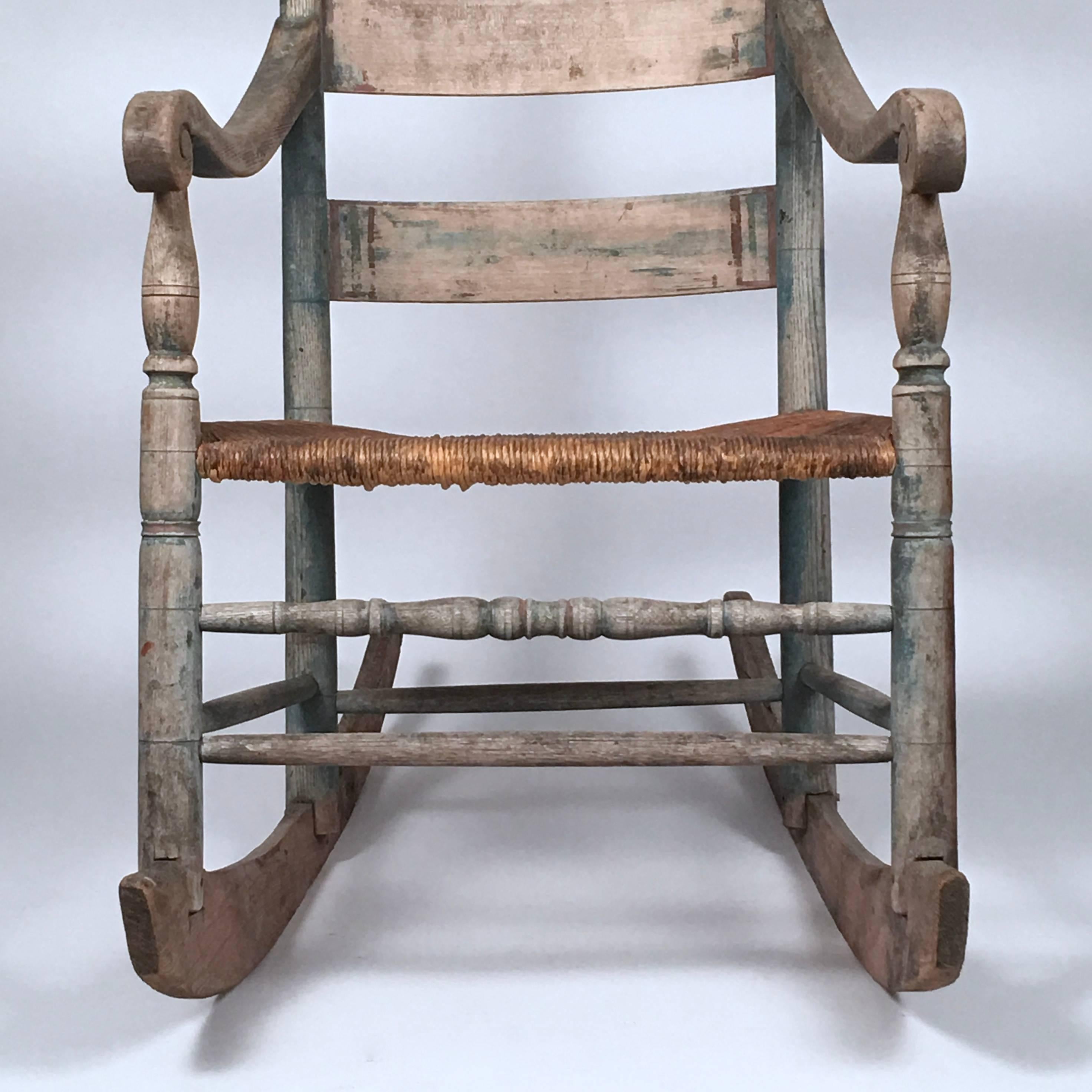 Hand-Painted 19th Century Country Rocking Chair with Old Blue Painted Surface