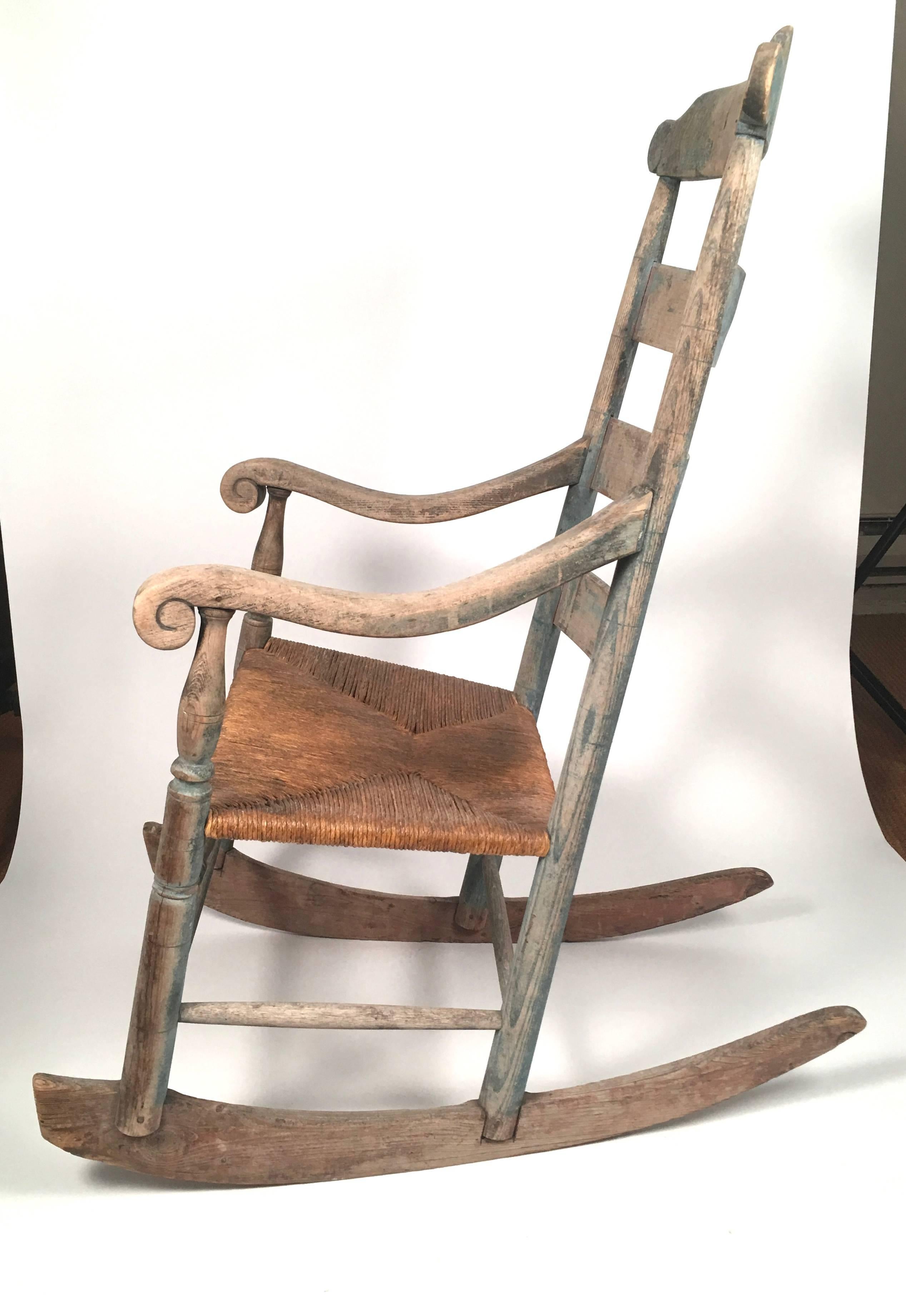 Rush 19th Century Country Rocking Chair with Old Blue Painted Surface