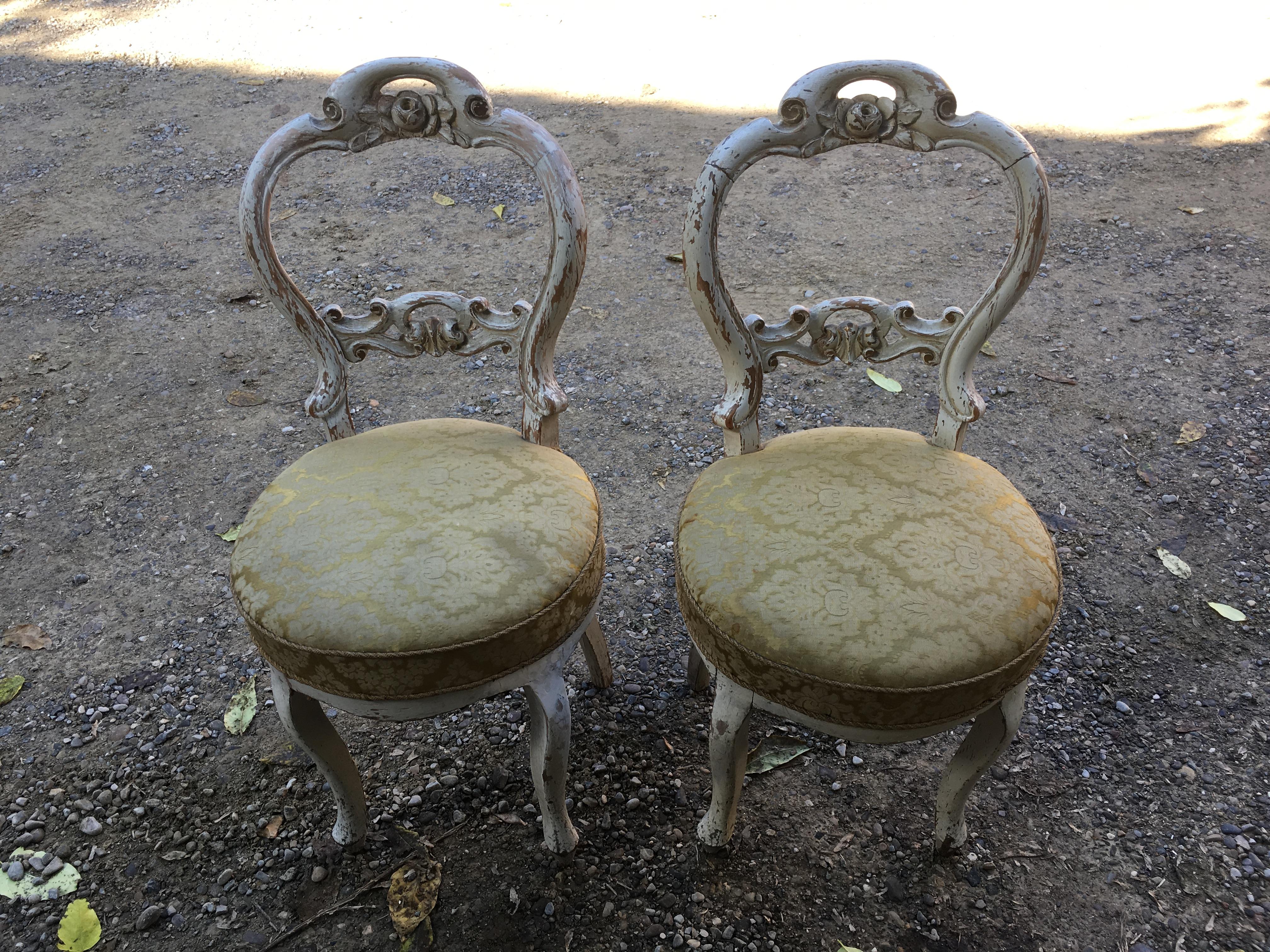 Victorian 19th Century Couple of French Carved Wood Little Armchairs with Original Fabric