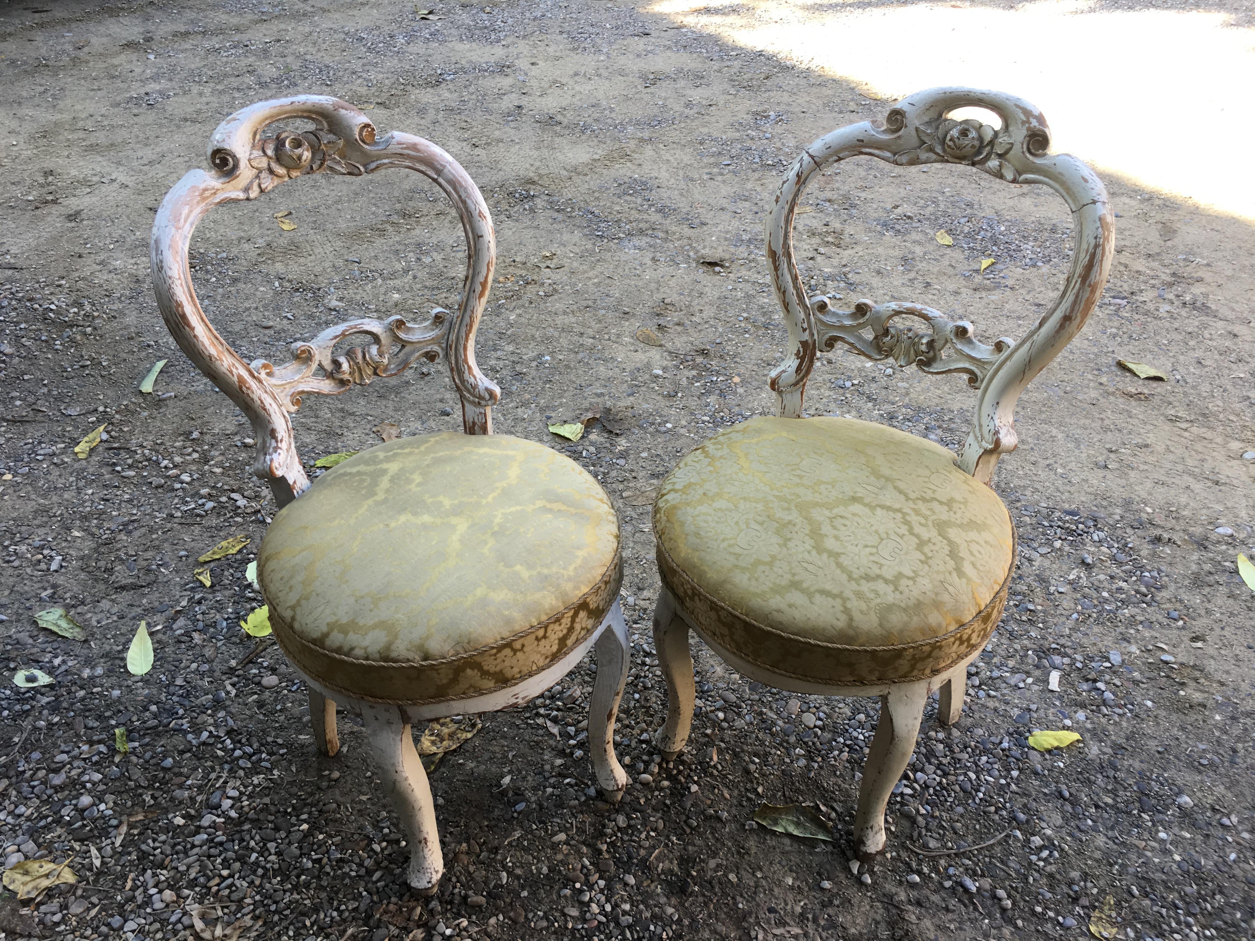 19th Century Couple of French Carved Wood Little Armchairs with Original Fabric 1