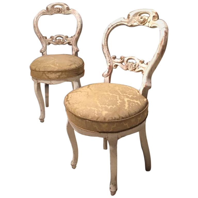 19th Century Couple of French Carved Wood Little Armchairs with Original Fabric