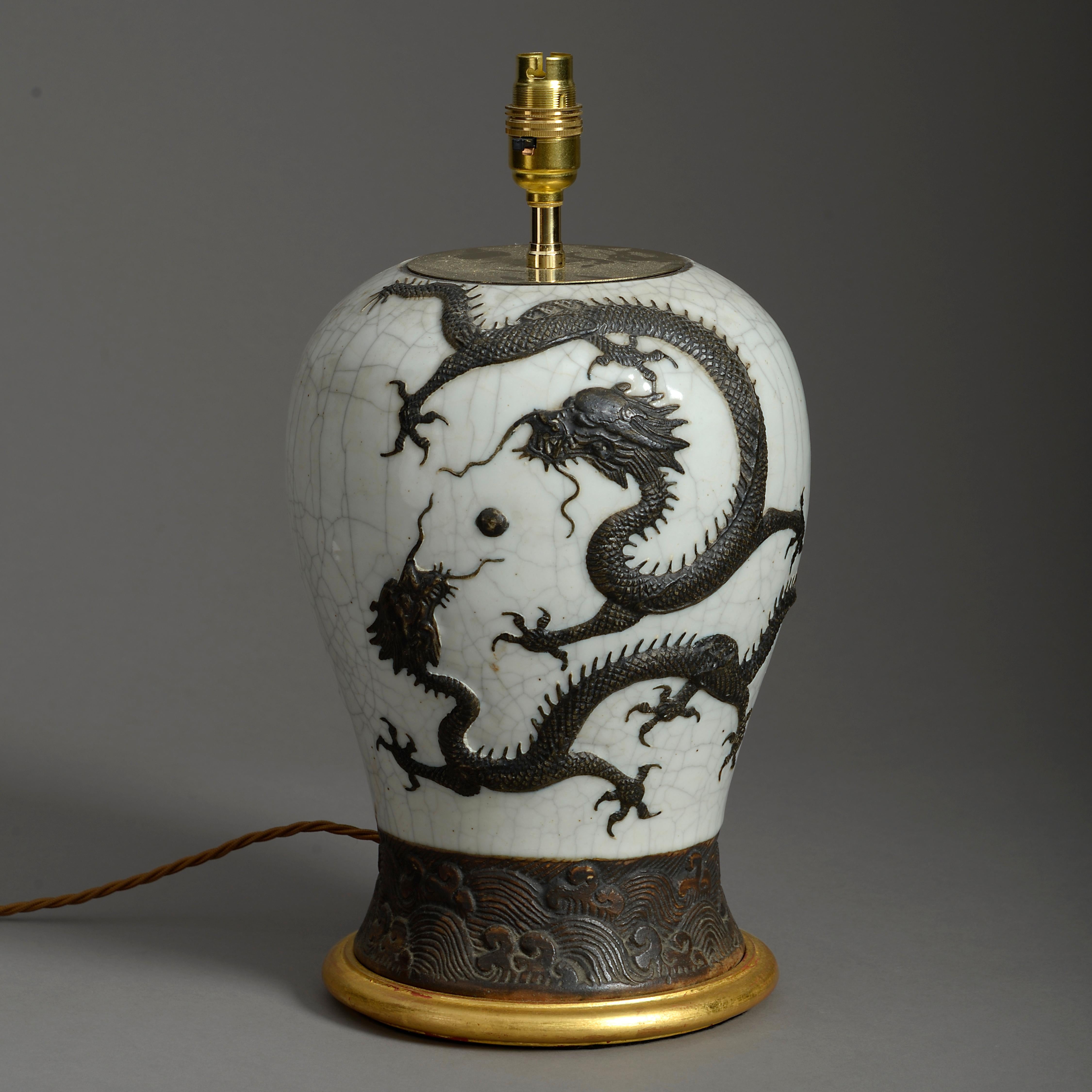 Chinese Export 19th Century Crackle Glazed Dragon Vase Lamp
