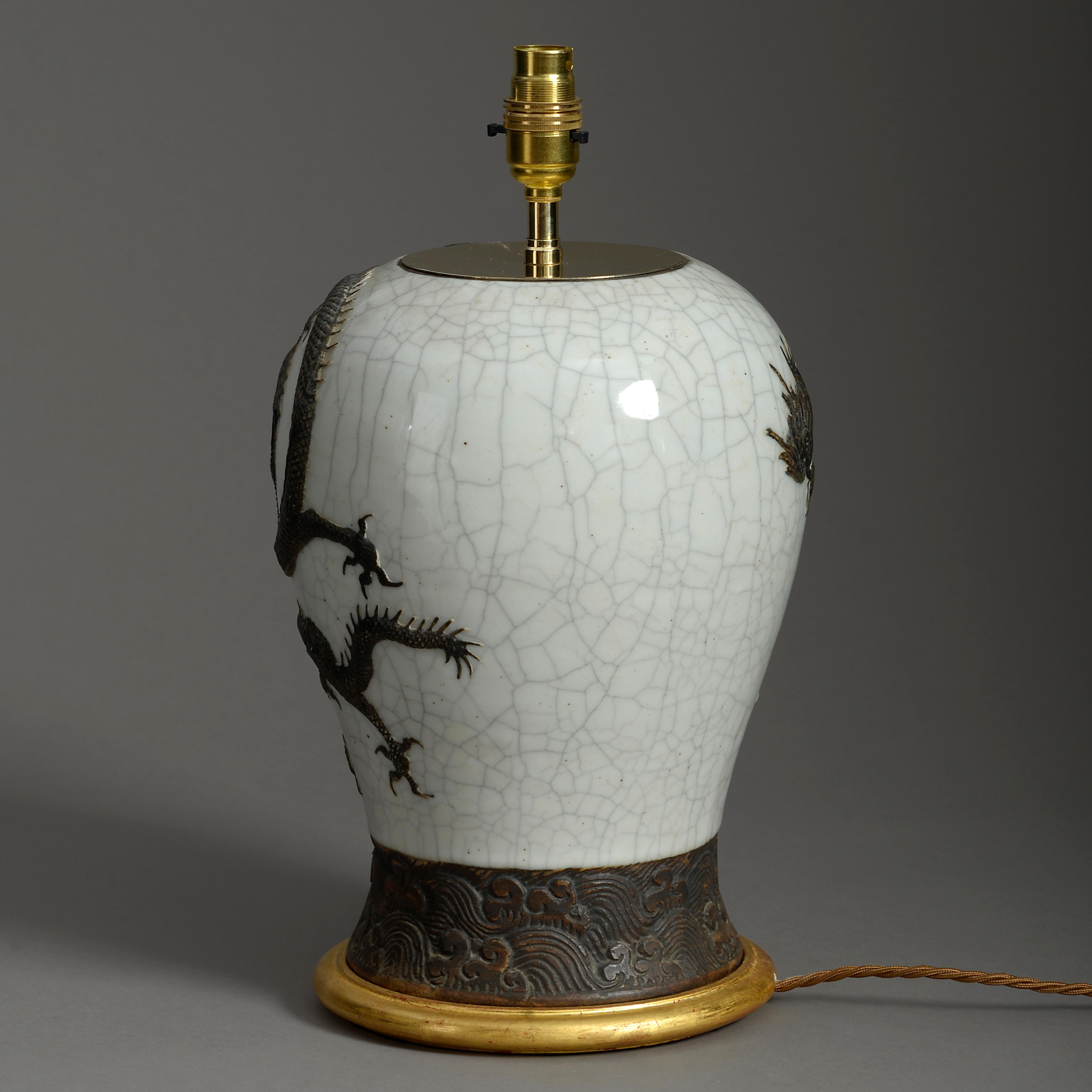 Chinese 19th Century Crackle Glazed Dragon Vase Lamp