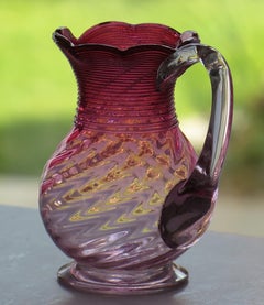 19th Century Cranberry Glass Milk or Cream Jug Wrythen Moulded, English Ca 1870