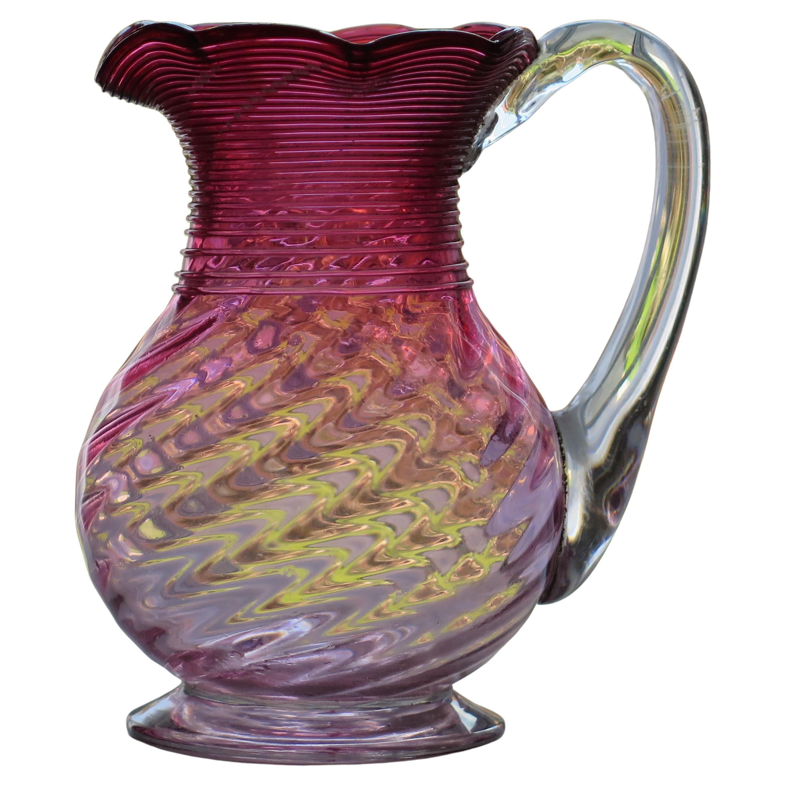 19th Century Cranberry Glass Milk or Cream Jug Wrythen Moulded, English Ca 1870 For Sale