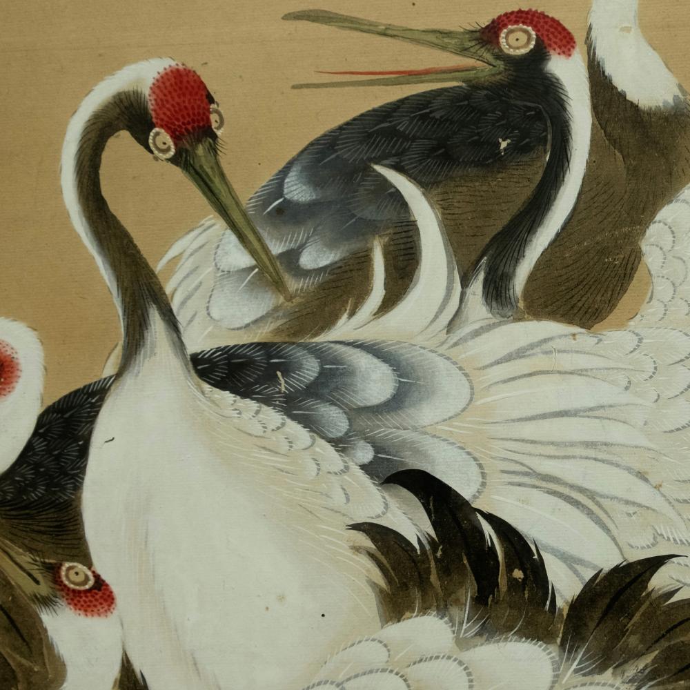 Edo 19th Century Crane Screen by Masuda Keido (1810-1875) For Sale