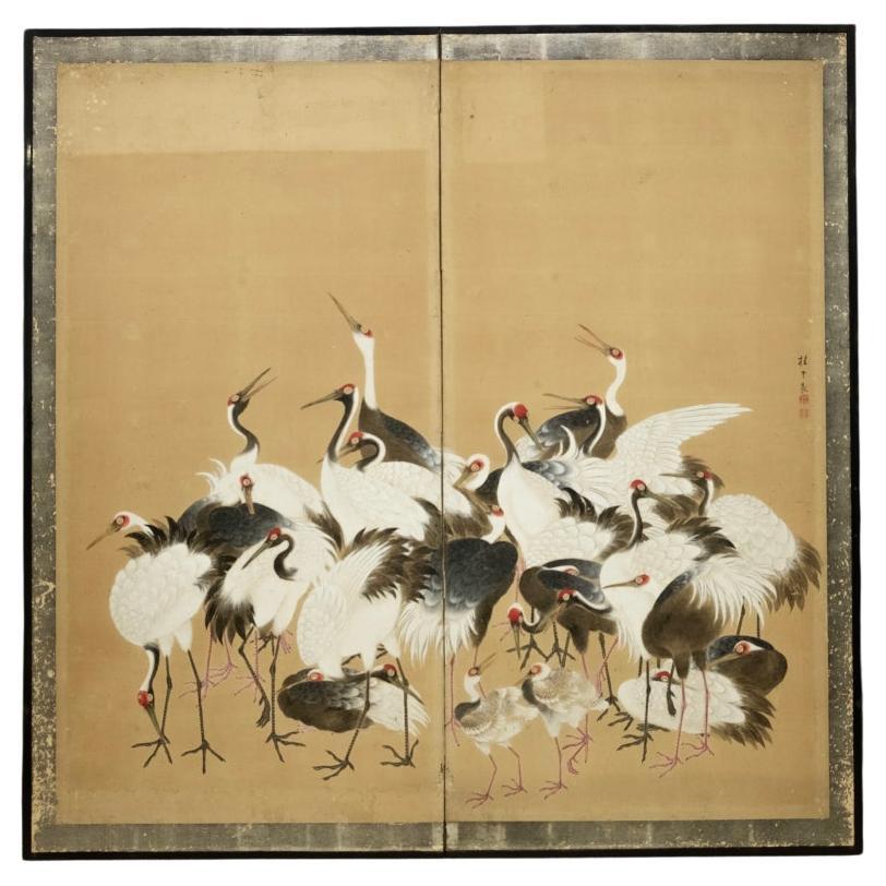 19th Century Crane Screen by Masuda Keido (1810-1875) For Sale